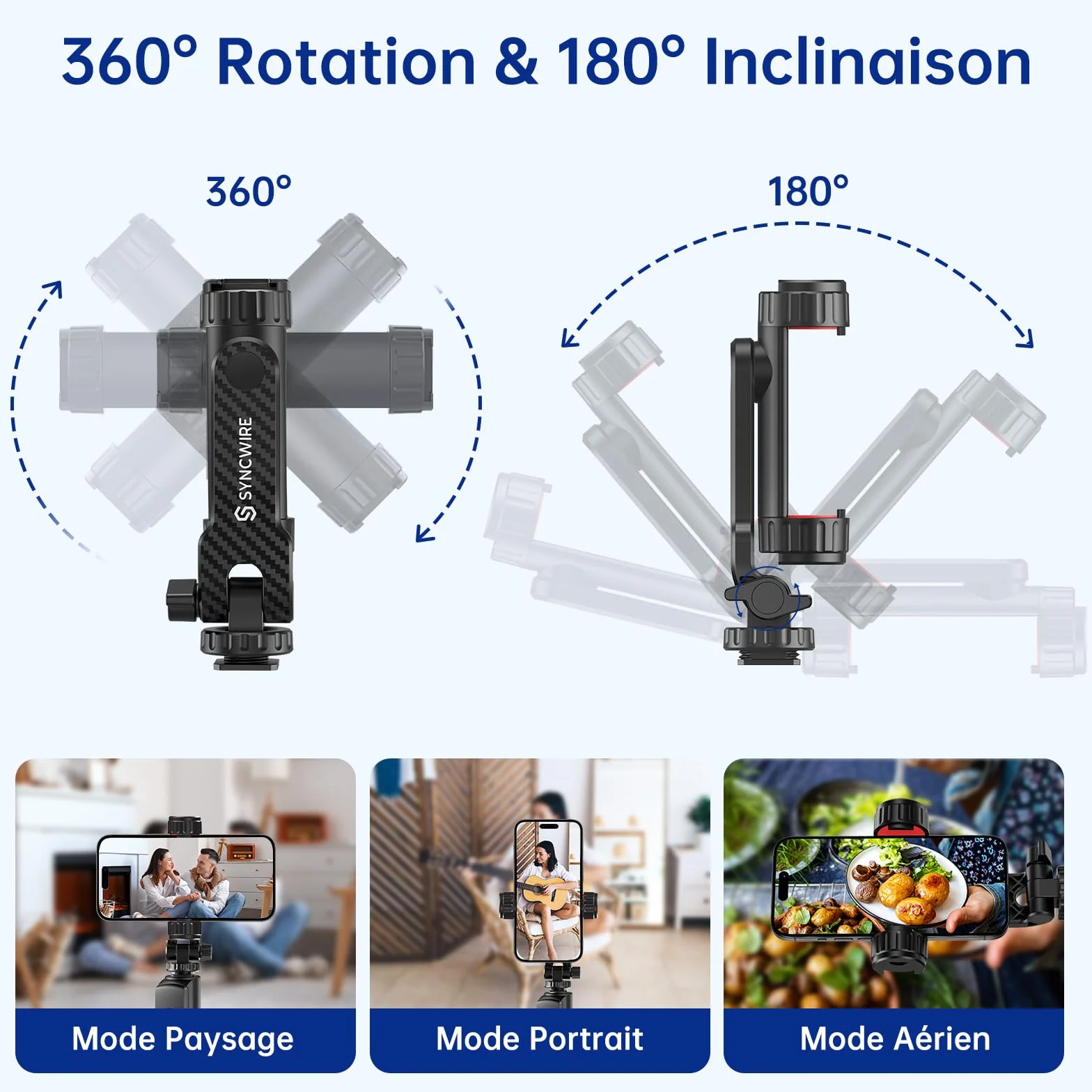 SYNCWIRE Adaptateur Trépied Smartphone avec 2 Sabots Froids, Vis 1/4", Rotatif 360°