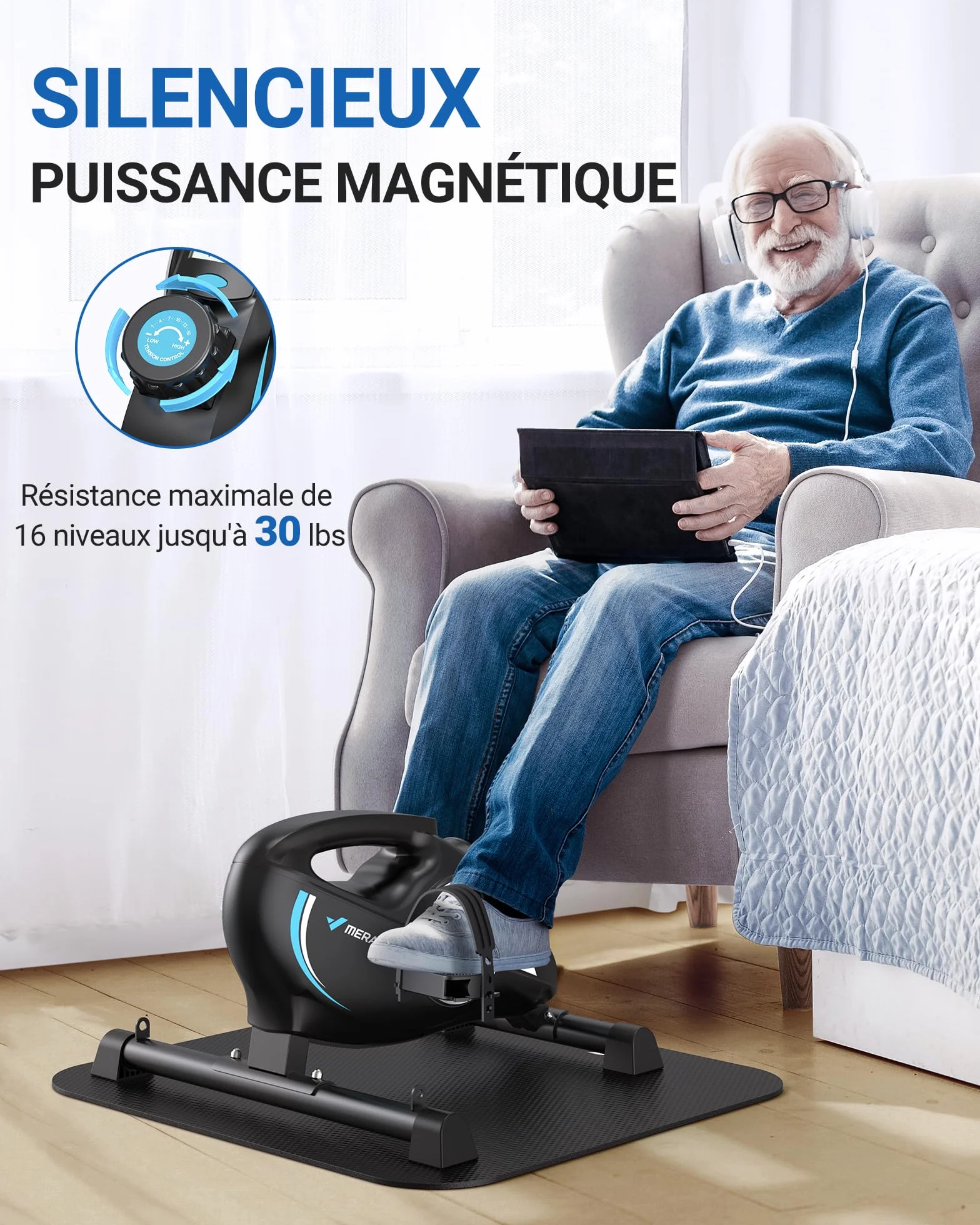 MERACH Pedalier d'Appartement, Mini Velo Bureau avec 2 Bandes de Résistance et Tapis Antidérapant