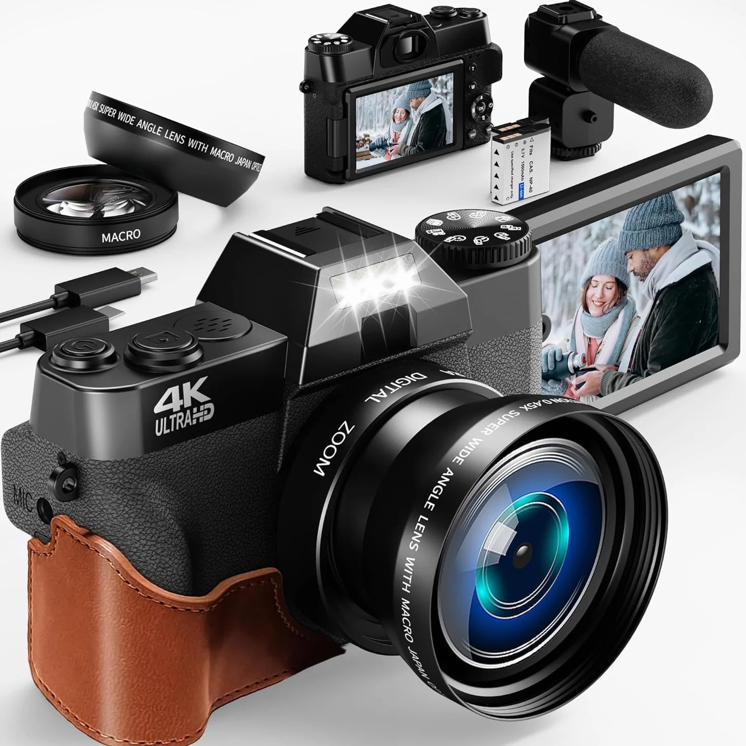 Appareil Photo Numérique 4K 56MP avec Objectif Grand Angle et Macro, Carte 32Go, Écran LCD 180°, Zoom Numérique 18X