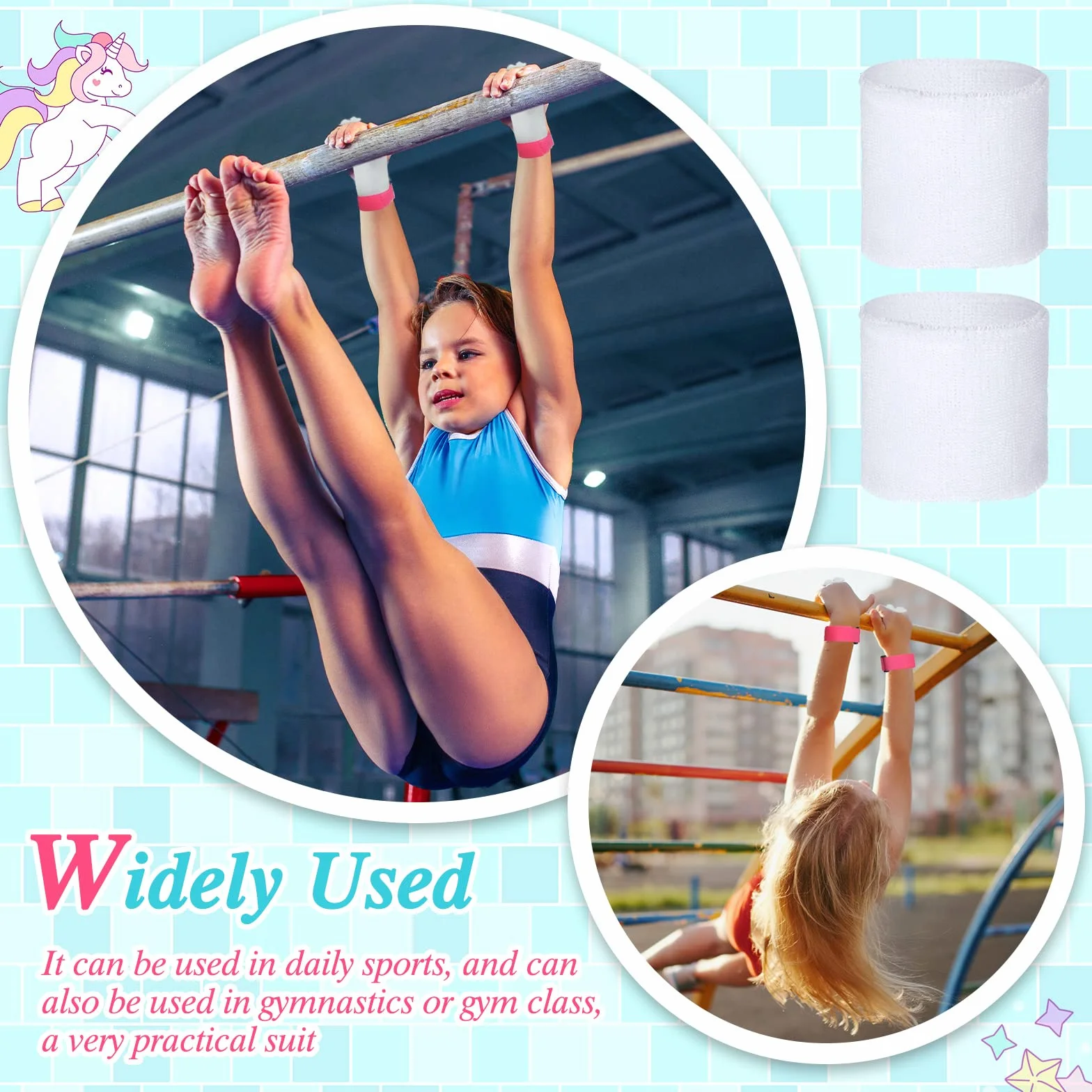 BBTO Manique Gym Poignées de Gymnastique Fille avec Bracelets Sweatband Bandeau Protection Palme et Poignet de Soutien Rose Blanc S