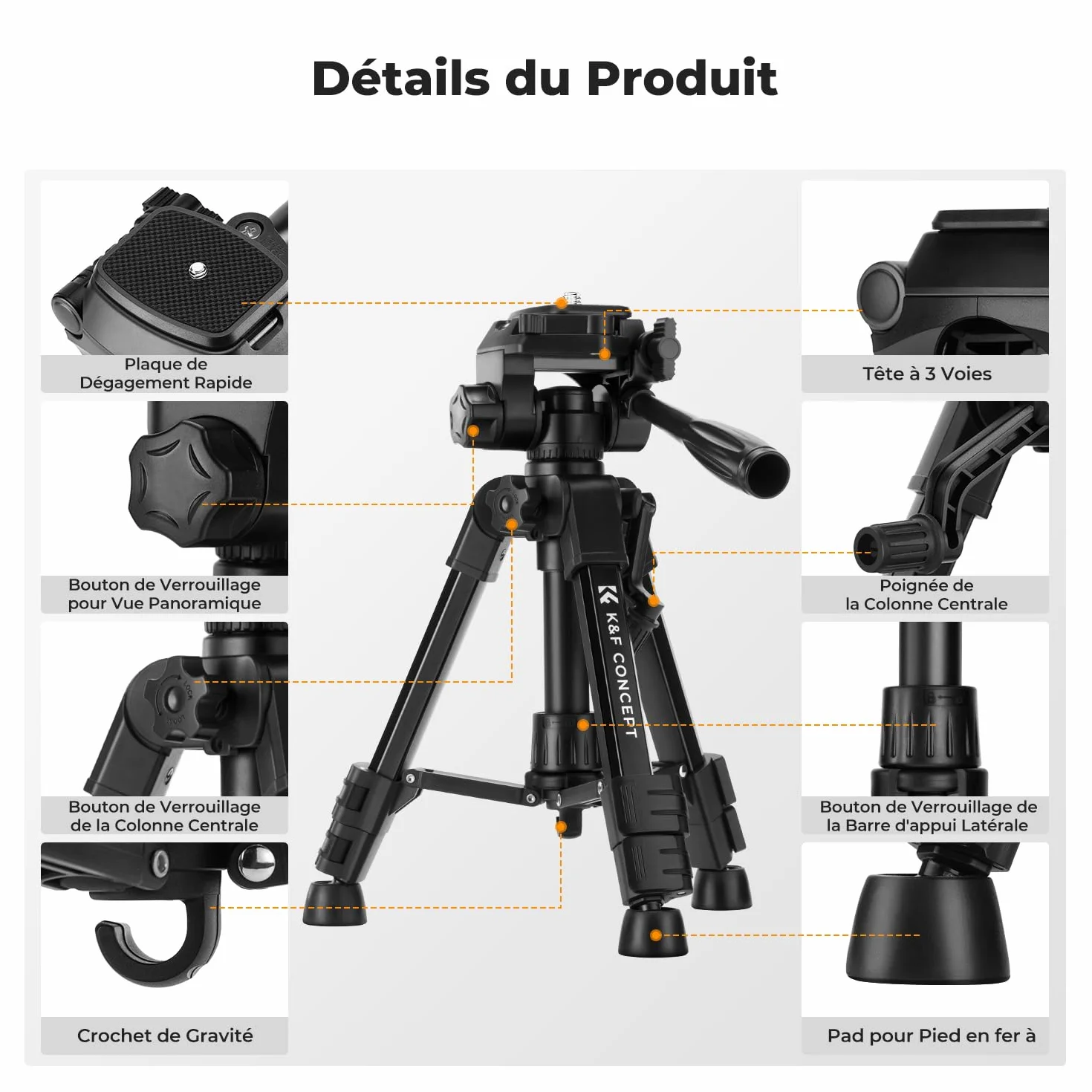K&F CONCEPT Mini trépied de Bureau pour Appareil Photo, trépied de Table en Aluminium de 63,5 cm avec télécommande, Petit trépied Portable pour appareils Photo Reflex numériques, caméscope, téléphone