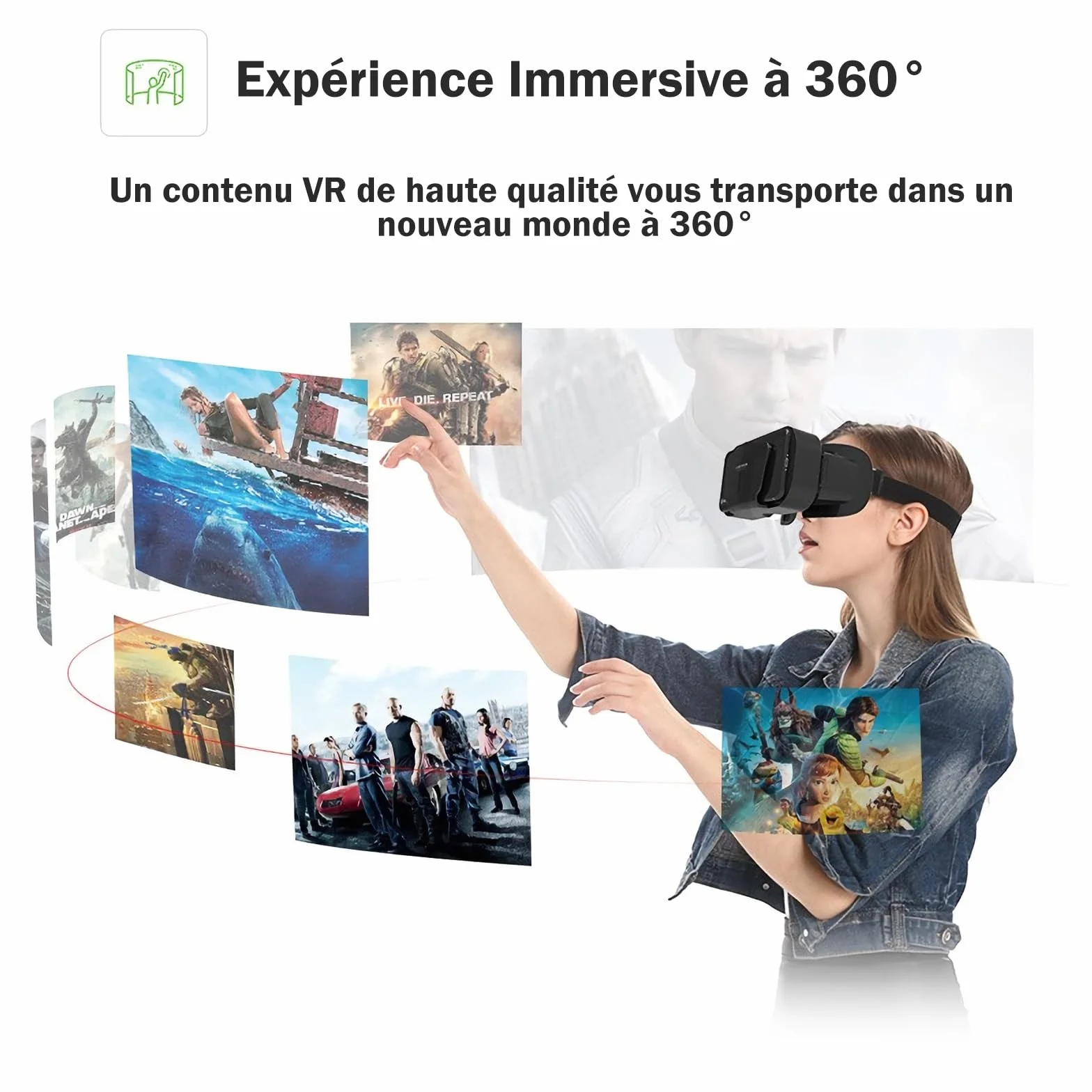Casque VR 2K HD Anti-Lumière Bleue Compatible iPhone Android pour Jeux Films Noir