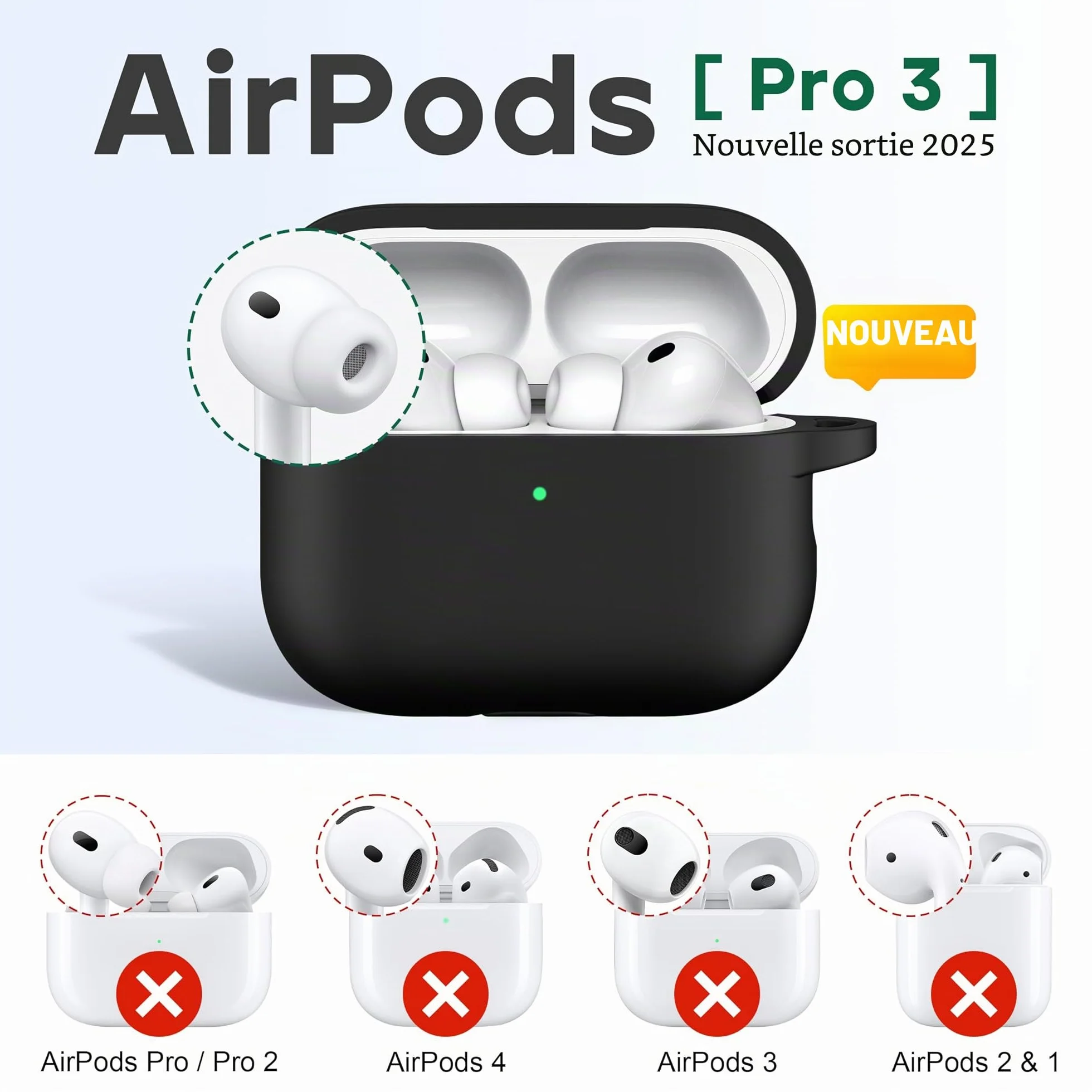 Coque AirPods Pro 3 Silicone Souple Protection Apple AirPods Pro 3e génération Noir avec Kit de Nettoyage Porte-clés
