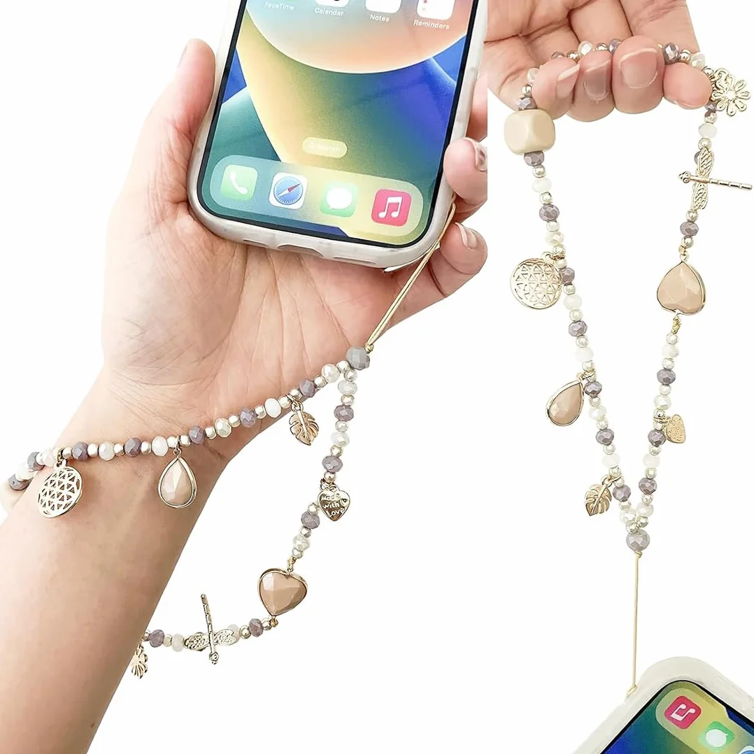 Cordon de téléphone Portable avec Bijou et dragonne en Cristal Beige Anti-Perte - étui Pendentif chaîne, 1 pièce.
