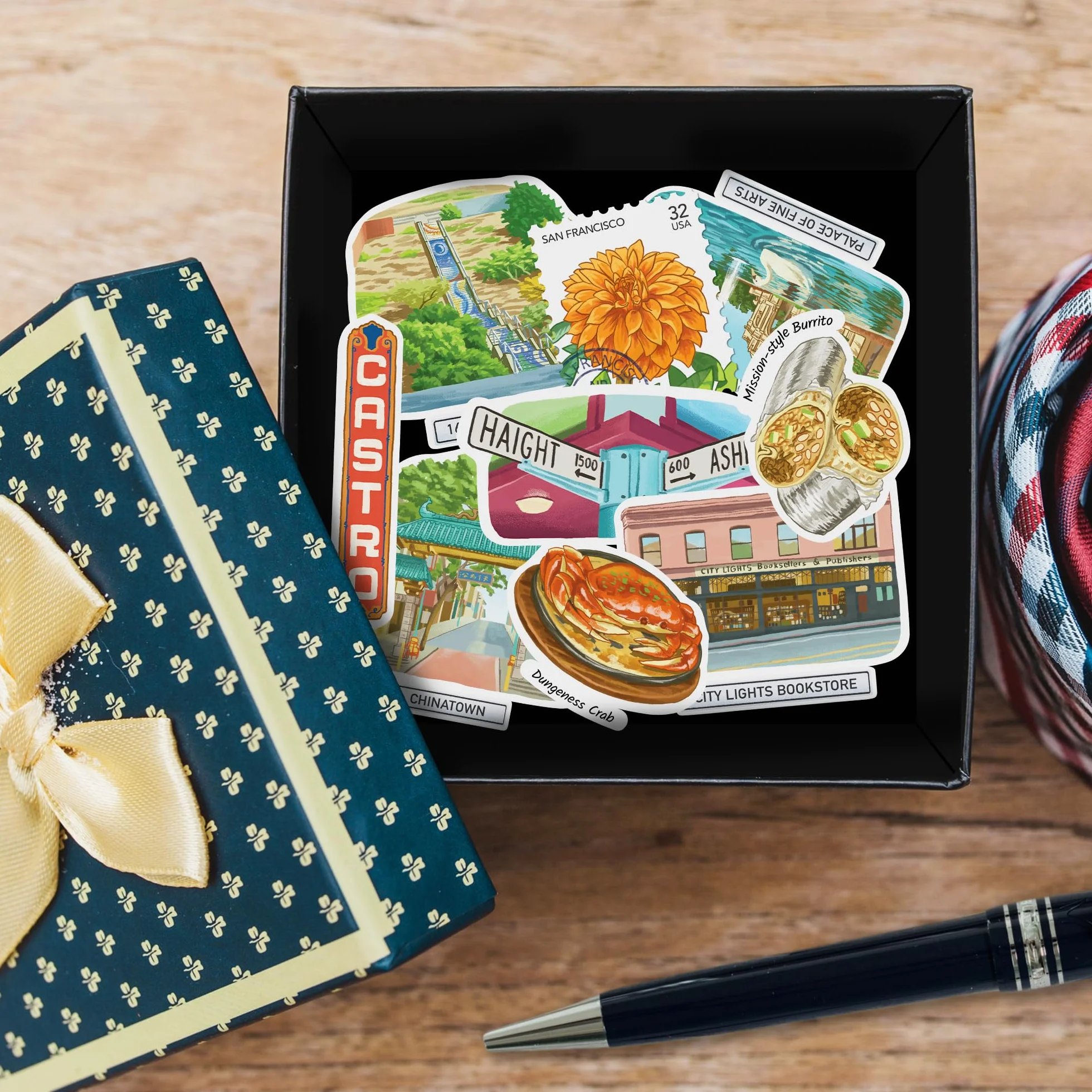 Navy Peony stickers grand format San Francisco — Illustrés à la main, gouache, finition brillante, imperméables (28 pièces)