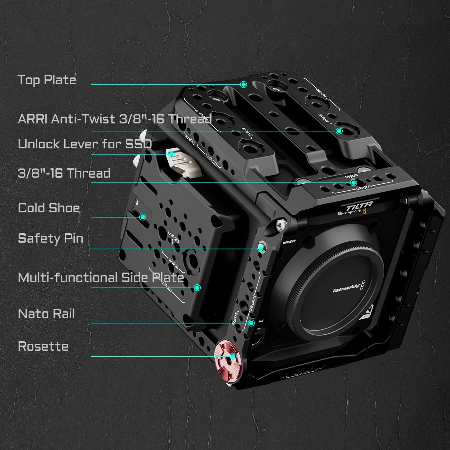 Tilta Cage Pyxis 6K, Pro Kit Cage pour Caméra Compatible avec Pyxis 6K/12K avec Plaque de Batterie V Mount, Poignée Supérieure, Plaque de Base, Tiges - Noir ES-T21-B-V