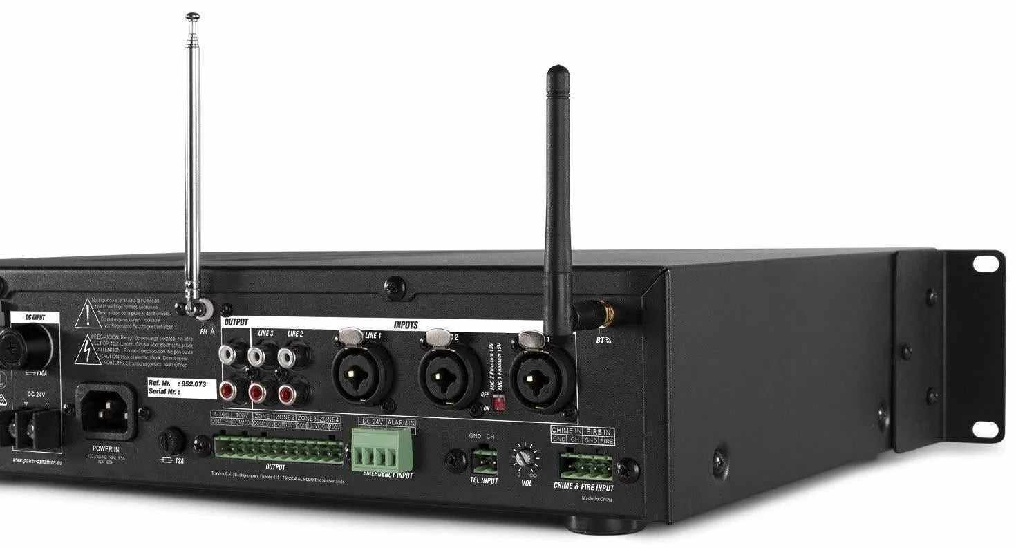 Power Dynamics PDV360MP3 Amplificateur Mixeur 100V 4 Zones - 360W, USB, SD, MP3, Bluetooth, Tuner FM, Canal Micro, Contact 24V pour Alarme Incendie, Idéal pour Tout Lieu à Sécuriser