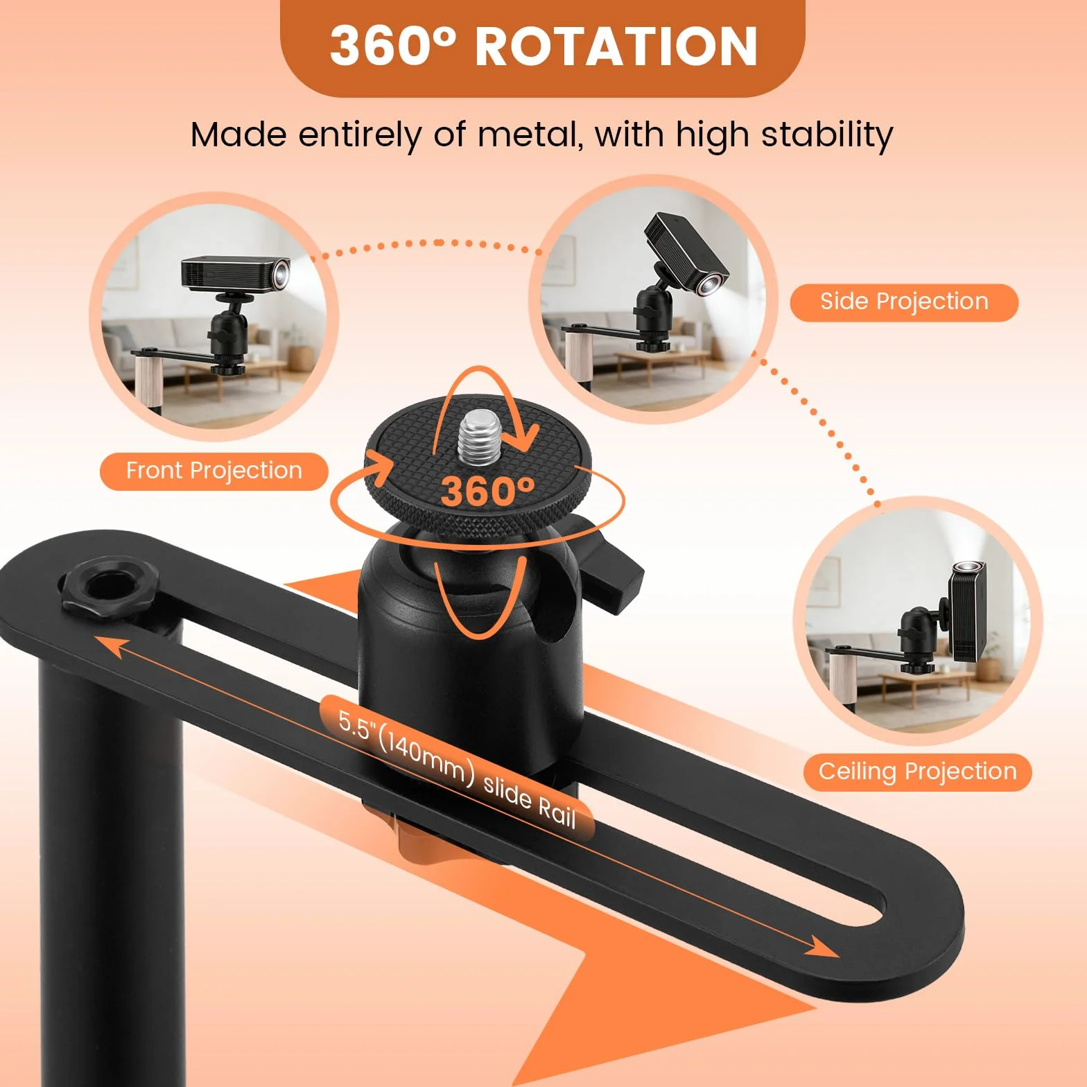 Support de projecteur pivotant 360° hauteur réglable 40-160 cm filetage 1/4" acier au carbone