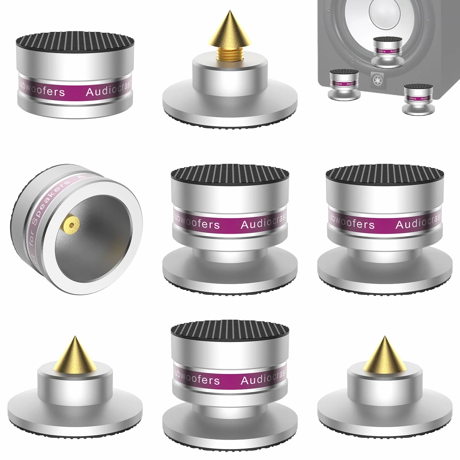 Tertullus Lot de 4 embouts en aluminium HiFi,38x33,Pour haut-parleur, isolant, pics de boxe,Amortisseurs de vibrations,Pour haut-parleurs, lecteur de CD, lecteur DVD, caisson de basses,Argenté