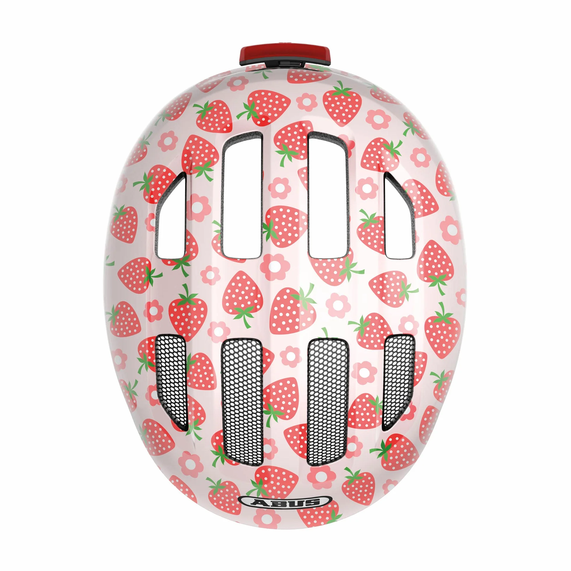 ABUS Casque pour enfants Smiley 3.0 LED - Casque de vélo avec lumière - Rose motif fraise, taille S (45-50 cm)