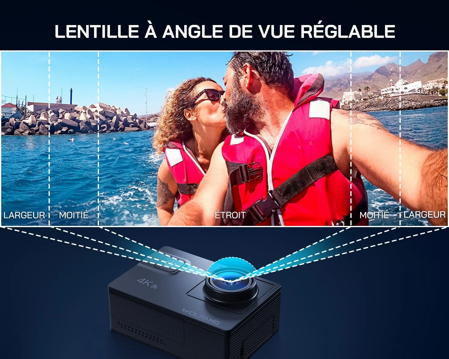 WOLFANG Caméra Sport 4K 60FPS, GA300 24MP Grand Angle Écran Tactile WiFi Caméra Étanche, Zoom 8X Stabilisateur EIS Appareil Photo (Microphone, Télécommande, 2 Piles 1350mAh et Kit d'accessoires)