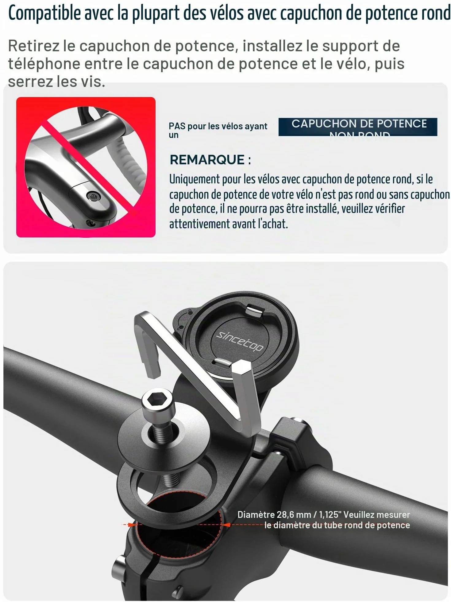 sincetop Support Telephone Velo, Porte Smartphone Vélo pour Guidon et Potence de vélo de Montagne, Fixation/Détachement Rapide pour VTT/Vélo de Route【Sér. C-1re gén.】