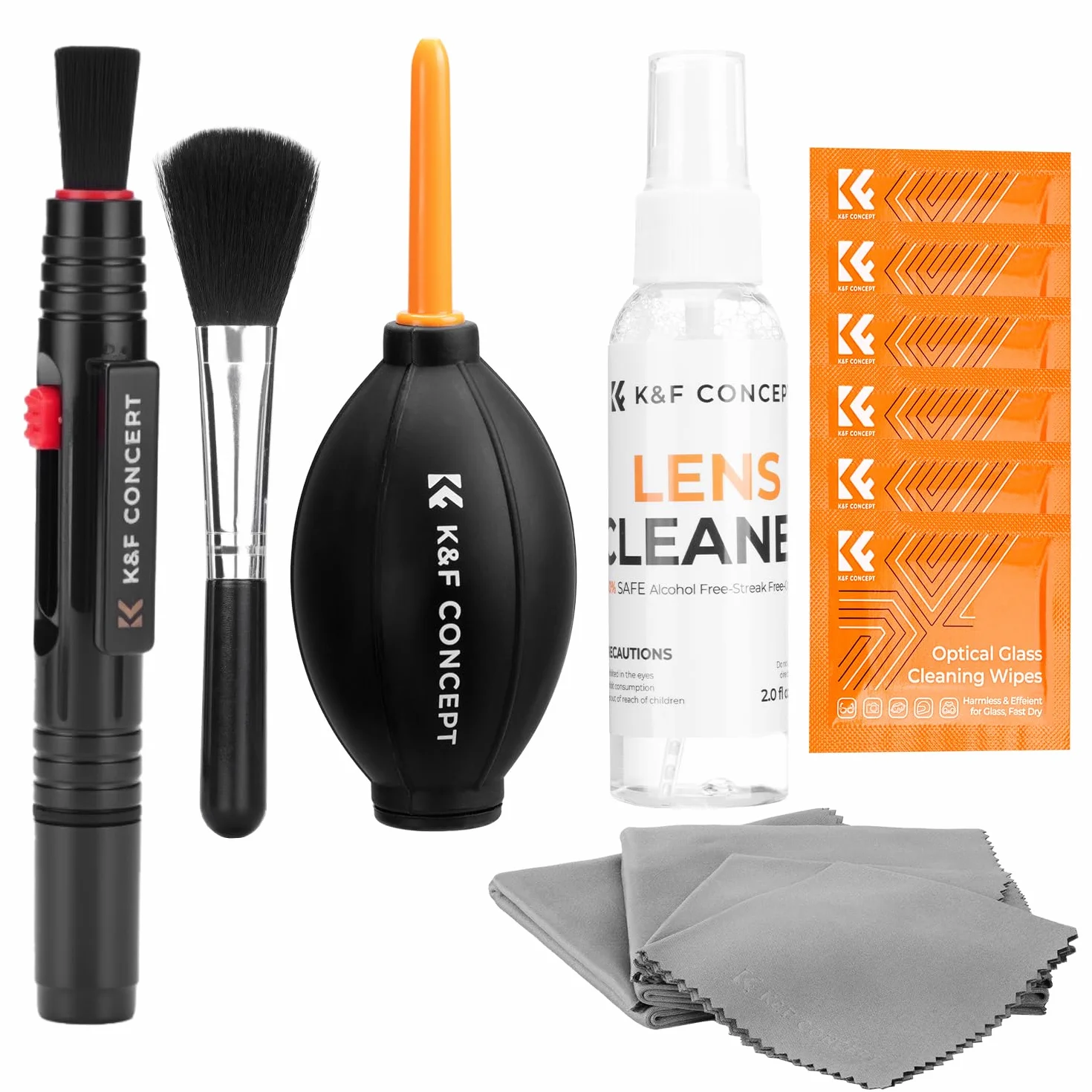K&F CONCEPT Kit de Nettoyage Appareil Photo 15-en-1 Soufflerie d'air, Lingettes Nettoyantes*6, 60ml Liquide de Nettoyage, Chiffon de Nettoyage*5, Brosse de Nettoyage pour DSLR Téléphones Portables