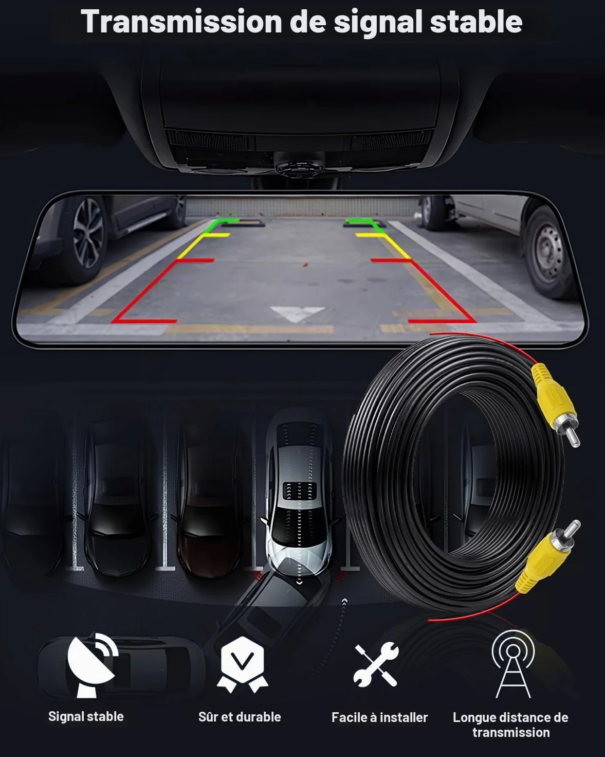 6M Cable Camera de Recul Double Blindage Amélioré pour Connecter Un Moniteur et Caméra de Recul, Vidéo Cable Rallonge Male Male avec 1 Adaptateur RCA Femelle Femelle et 1M d'alimentation DC Extension