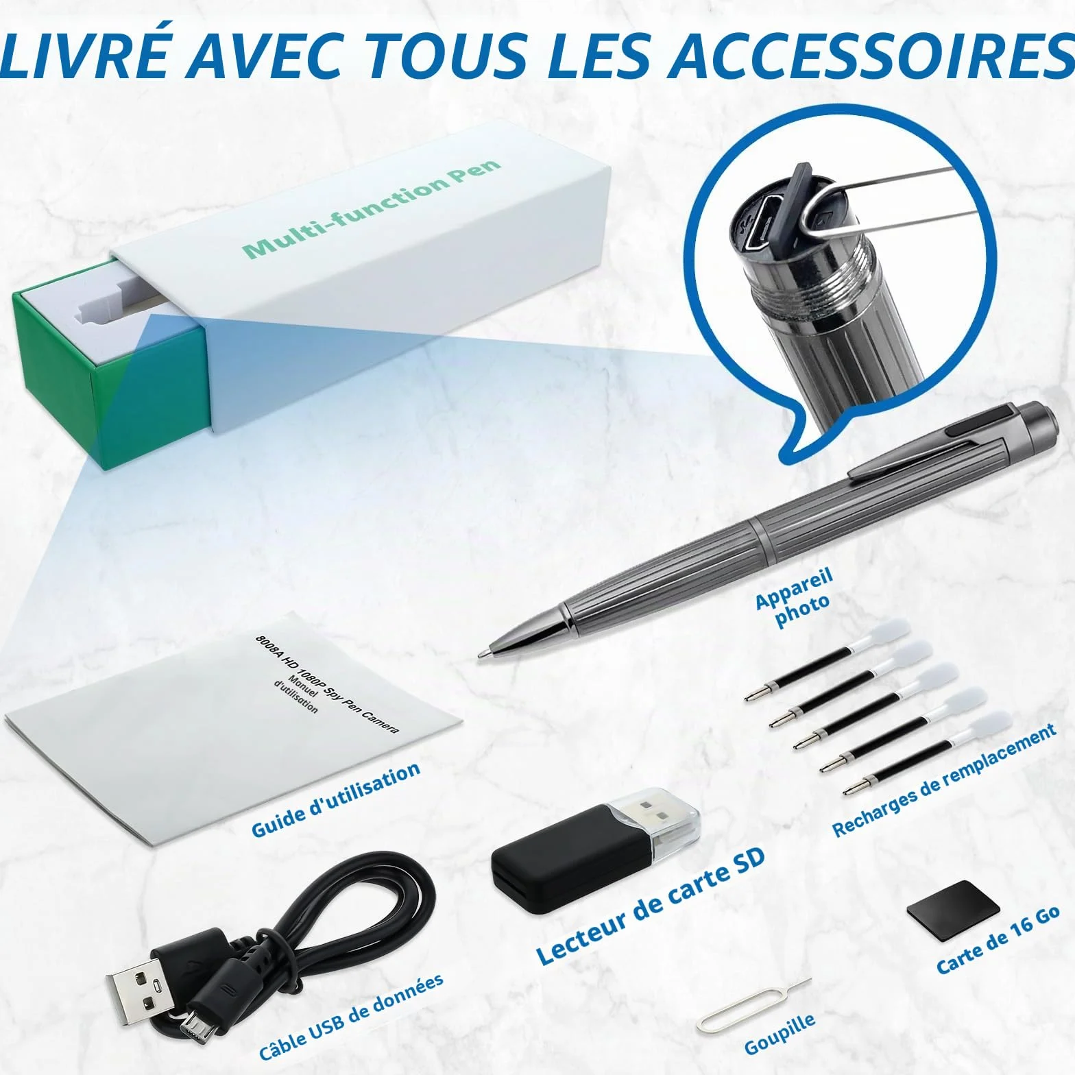 OTADUG Caméra Stylo Espion, caméra cachée 1080P de 16 Go avec Surveillance des mouvements, Enregistrement vidéo et Audio