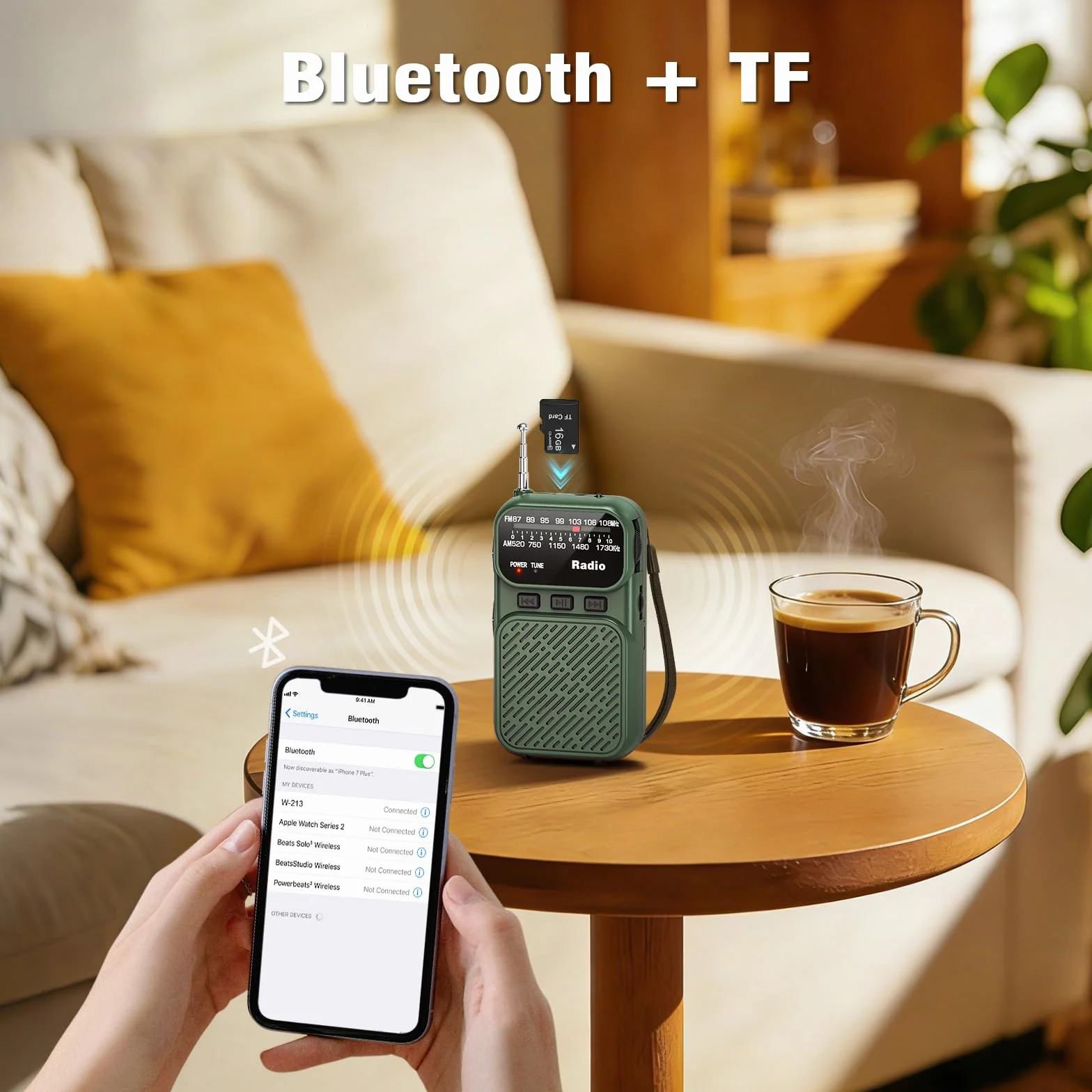 Tendak Mini Radio à Piles AM/FM/FM Bluetooth Portable 1200 mAh USB-C Vert