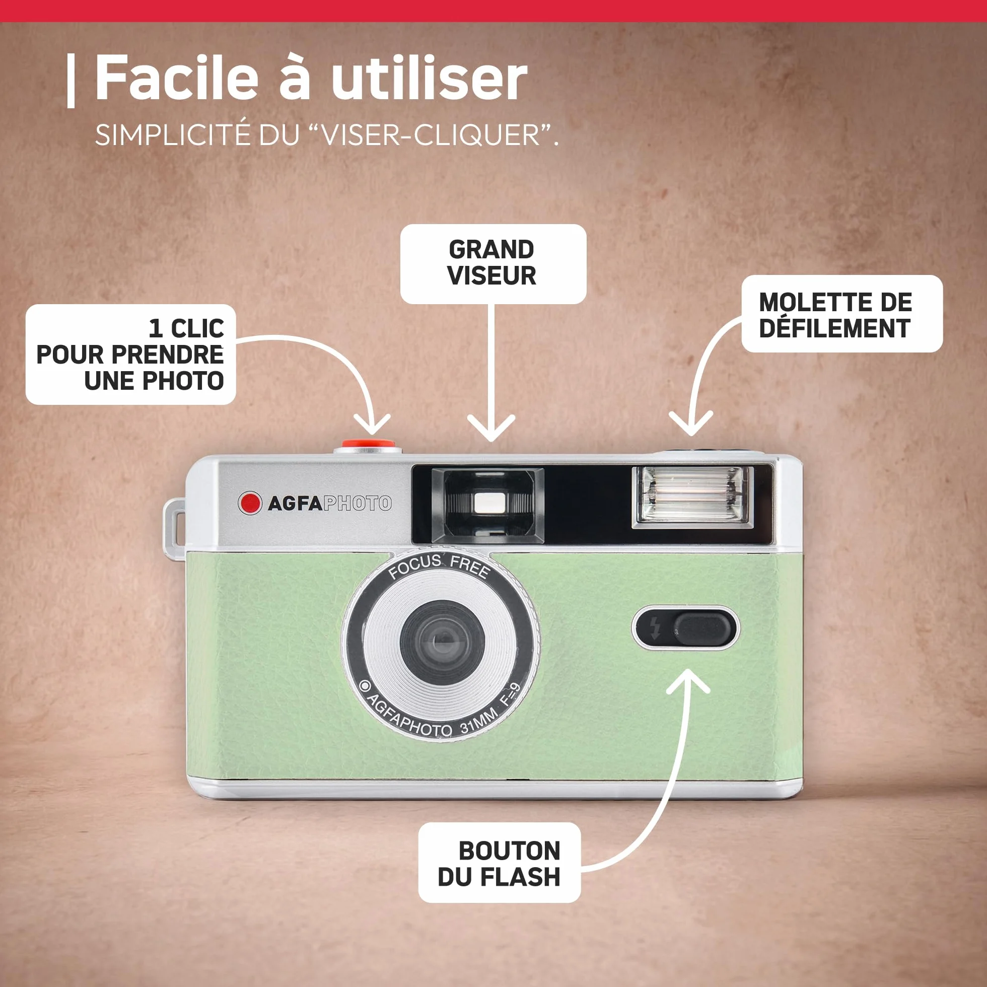 AGFAPHOTO - Appareil Photo Argentique 35mm – Objectif 31 mm F9, Flash Intégré, Mise au Point Fixe, Compatible Pellicules ISO 200/400/800 – Étui et Dragonne Inclus - Beige