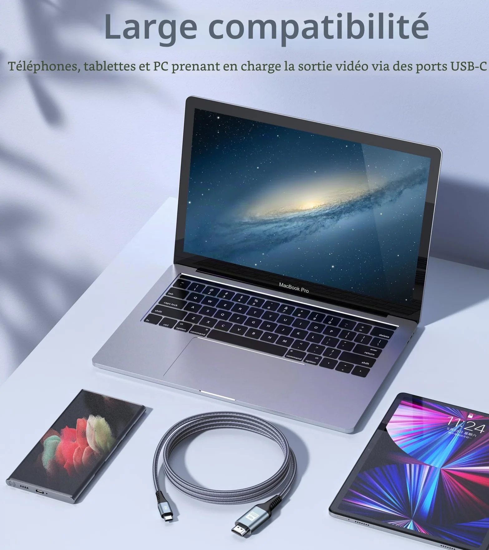 4K Câble USB C vers HDMI 3M, Câble USB type C vers HDMI,Thunderbolt 3/4/5 Compatible avec i Phone 17 16 15 Pro/Max,Galaxy S26/S25/S24/S23/S22/S21/S20,MacBook/Air,iPad Air,iPad Pro,iMac,XPS