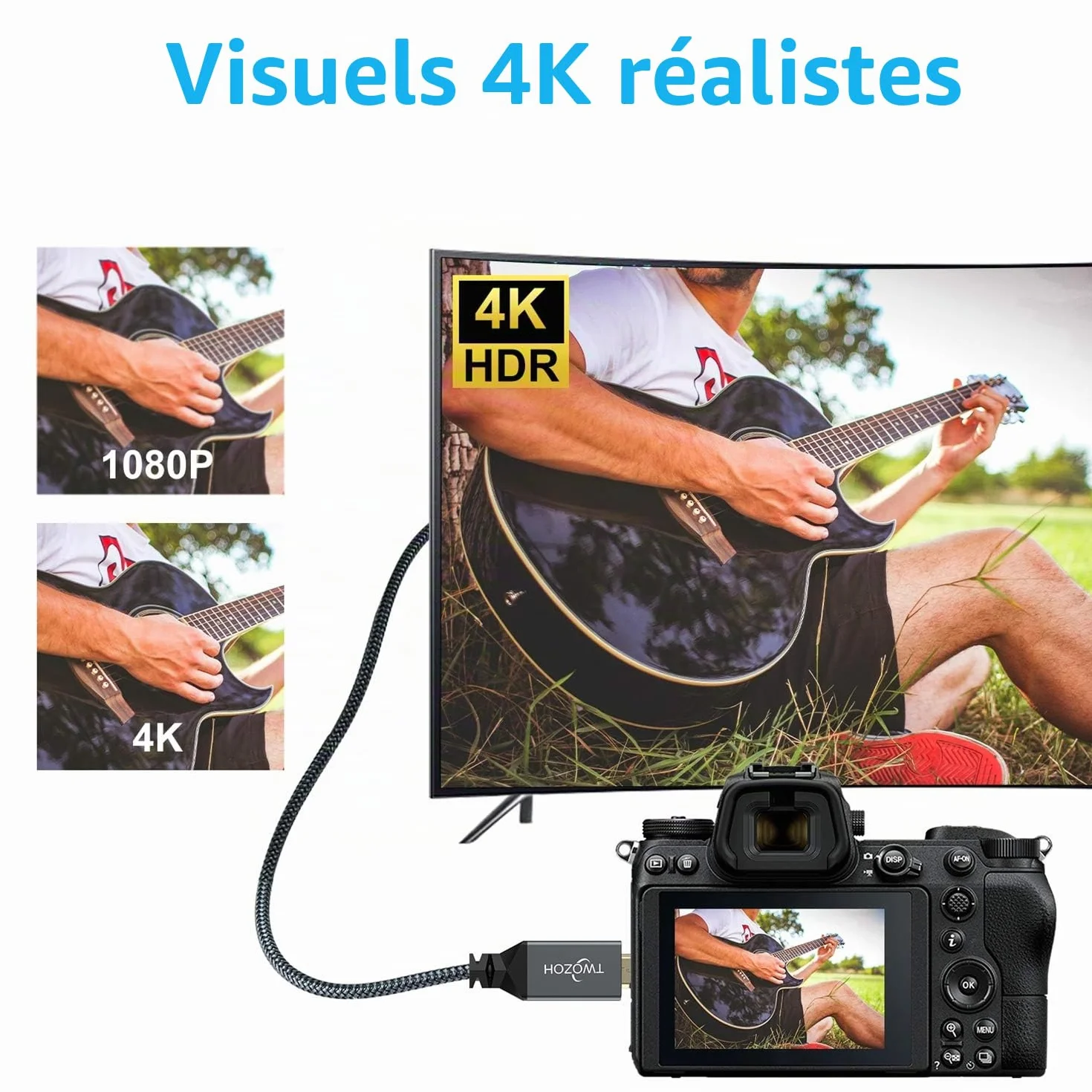 Twozoh Câble Micro HDMI vers HDMI 5M, Nylon tressé Câble HDMI A vers Micro HDMI D, Supporte 3D 4K/60Hz 2.0 1080p