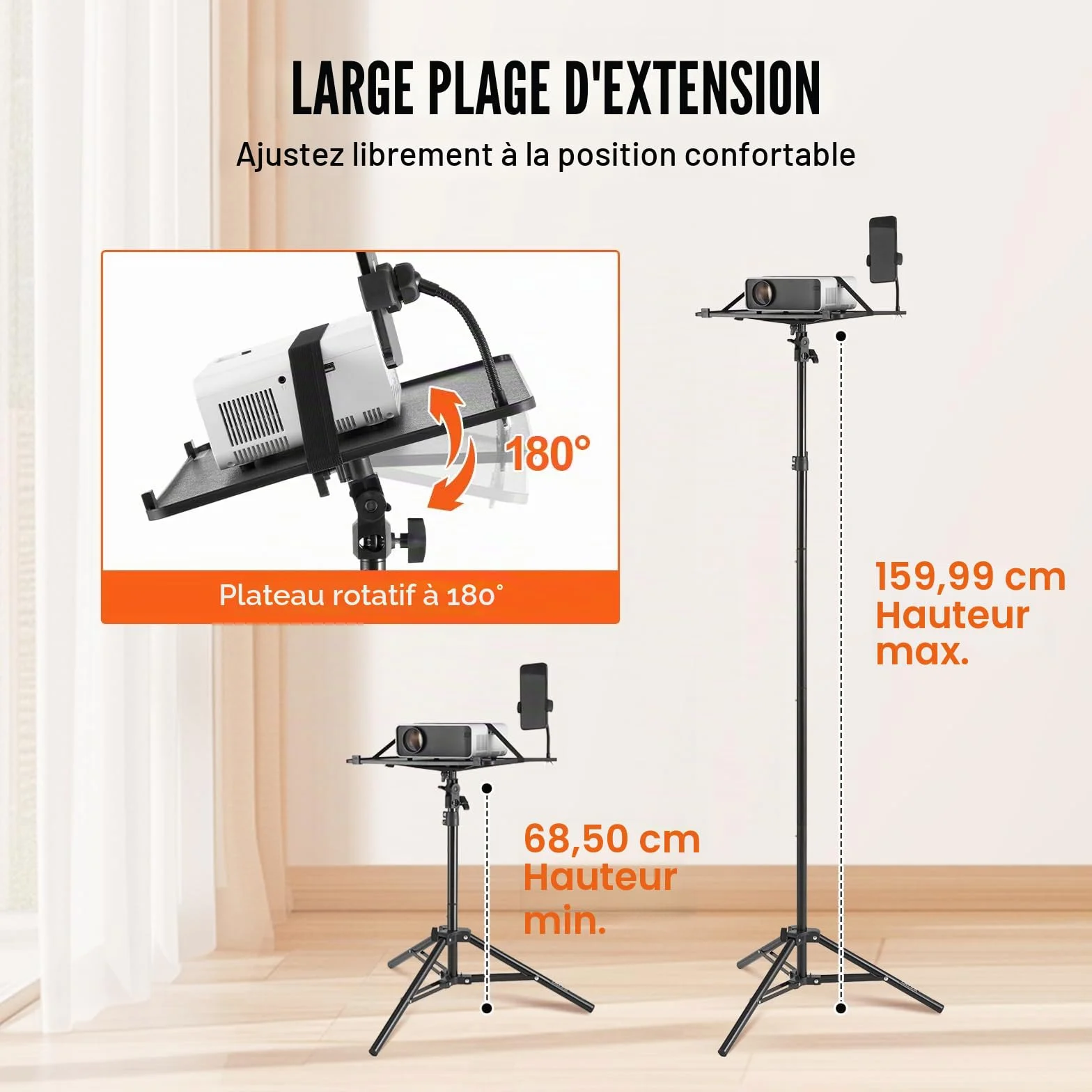 VEVOR Support Trépied Vidéoprojecteur Hauteur Réglable 68,5-160 cm avec Plateau et Support Téléphone