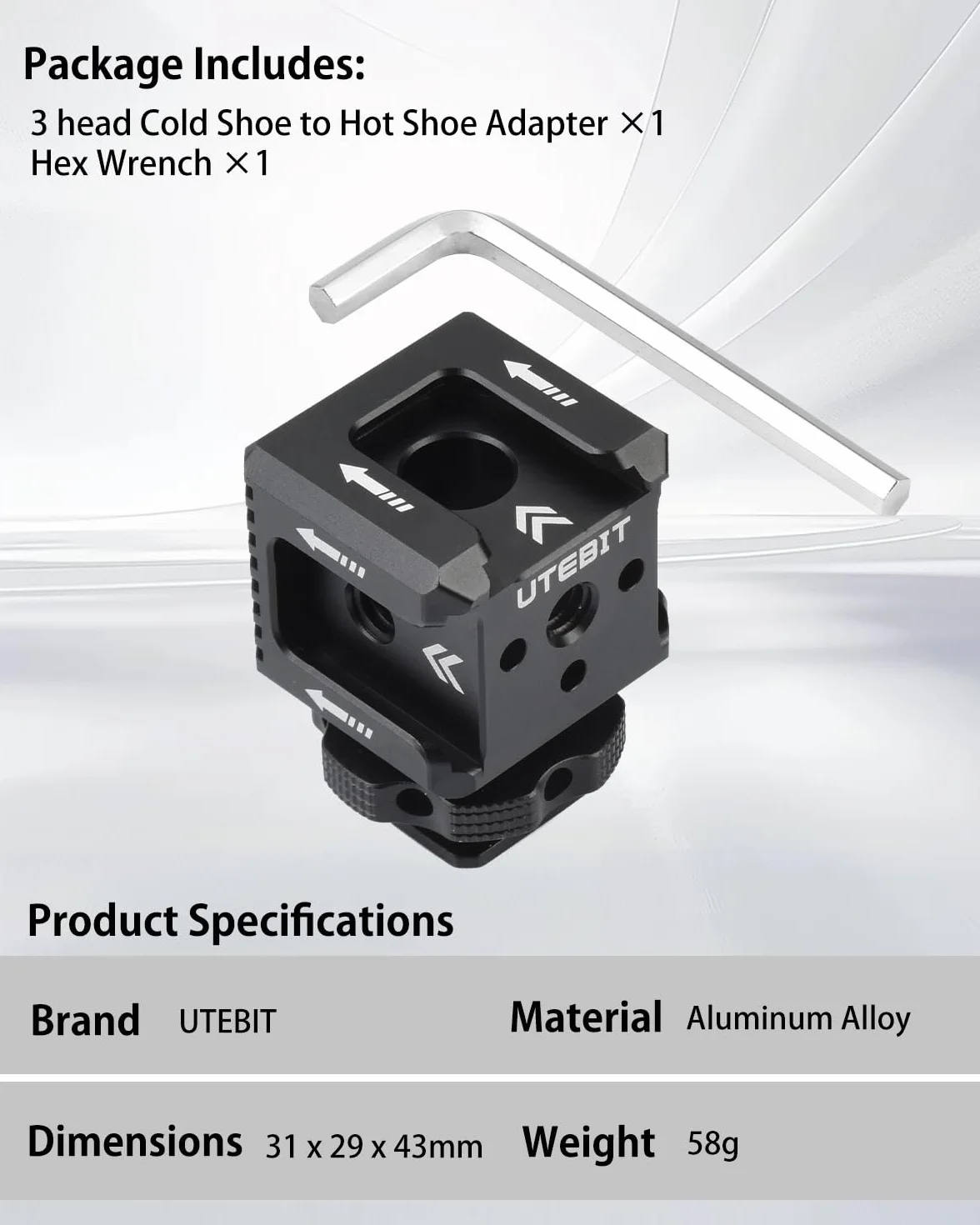 UTEBIT Triple Adaptateur Cold Shoe avec Trou de Vis 1/4'', Support d'Extension Hot Shoe en Alliage d'Aluminium Sabot de Flash Cold Shoe Mount pour Caméra, Moniteur, Microphone