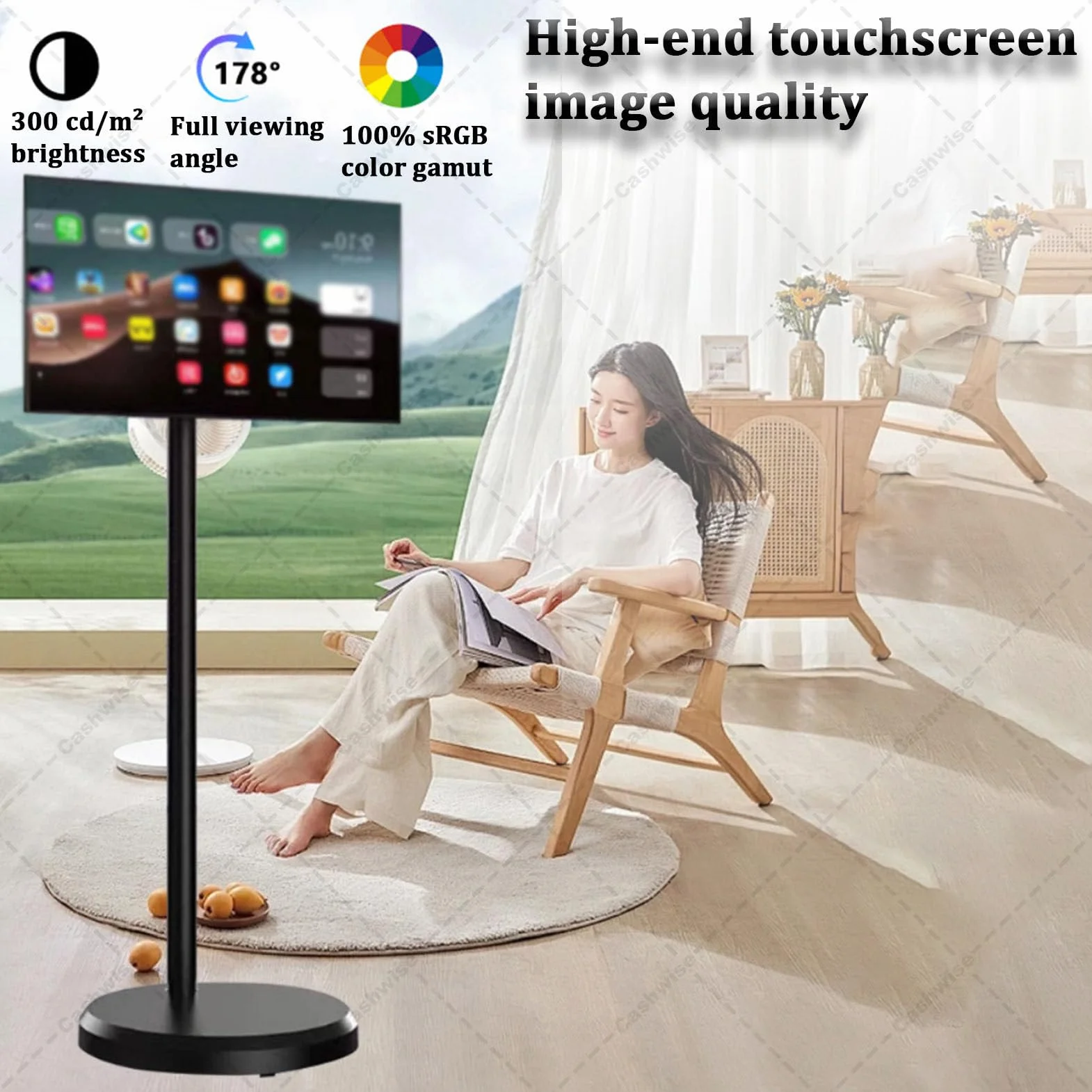 TV Portable Intelligent de 21,5 Pouces 4K, 6G + 128G Storage, Android 14 OS, TV Roulant sur Roues avec écran Tactile Rotatif, Batterie intégrée, Rotation pivotante complète 6+128G