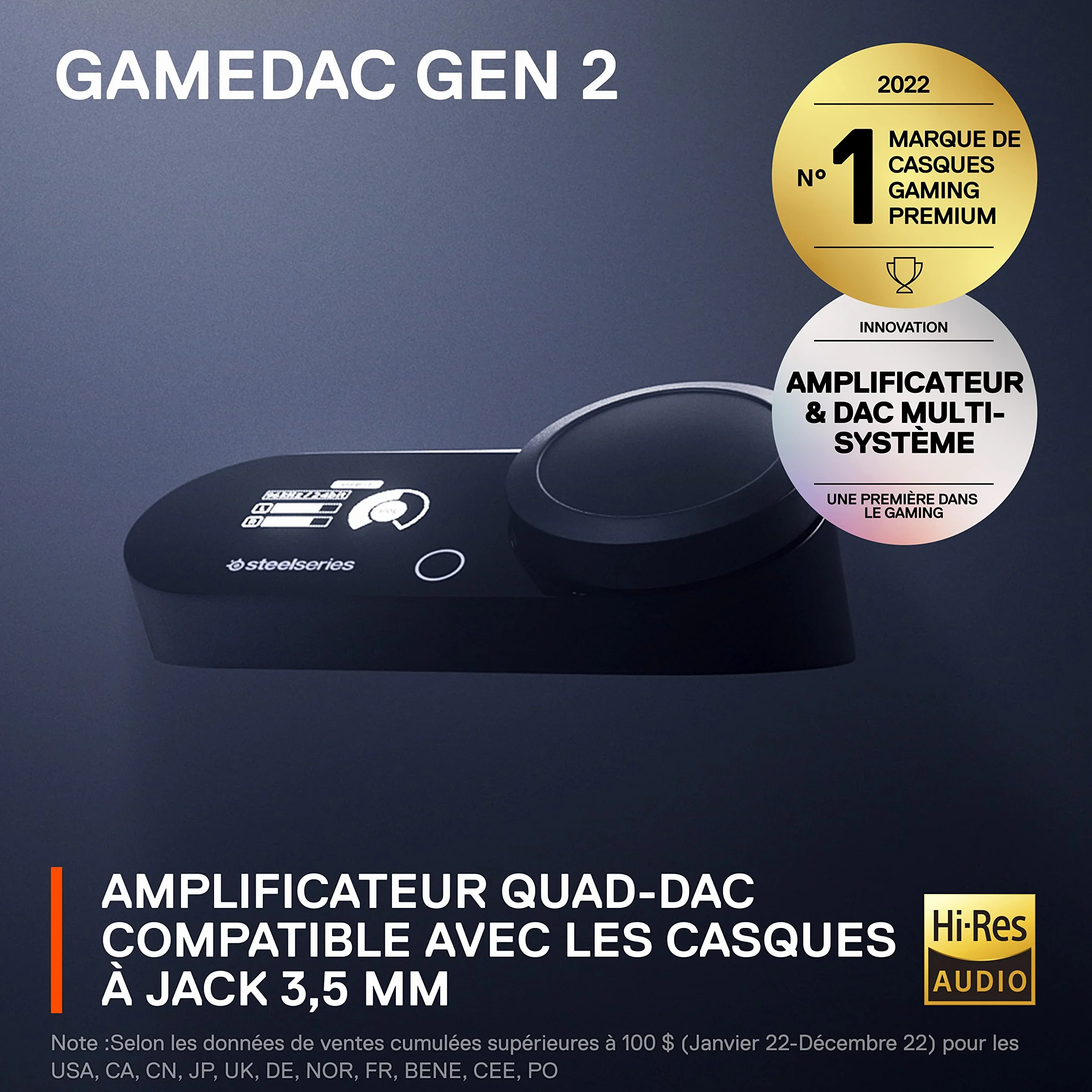 SteelSeries GameDAC Gen 2 Amplificateur Audio Hi-Res - ESS Sabre Quad-DAC - Élimination du Bruit par l’IA - Son Spatial 360° - Certifié Hi-Res - PC, PS5, PS4