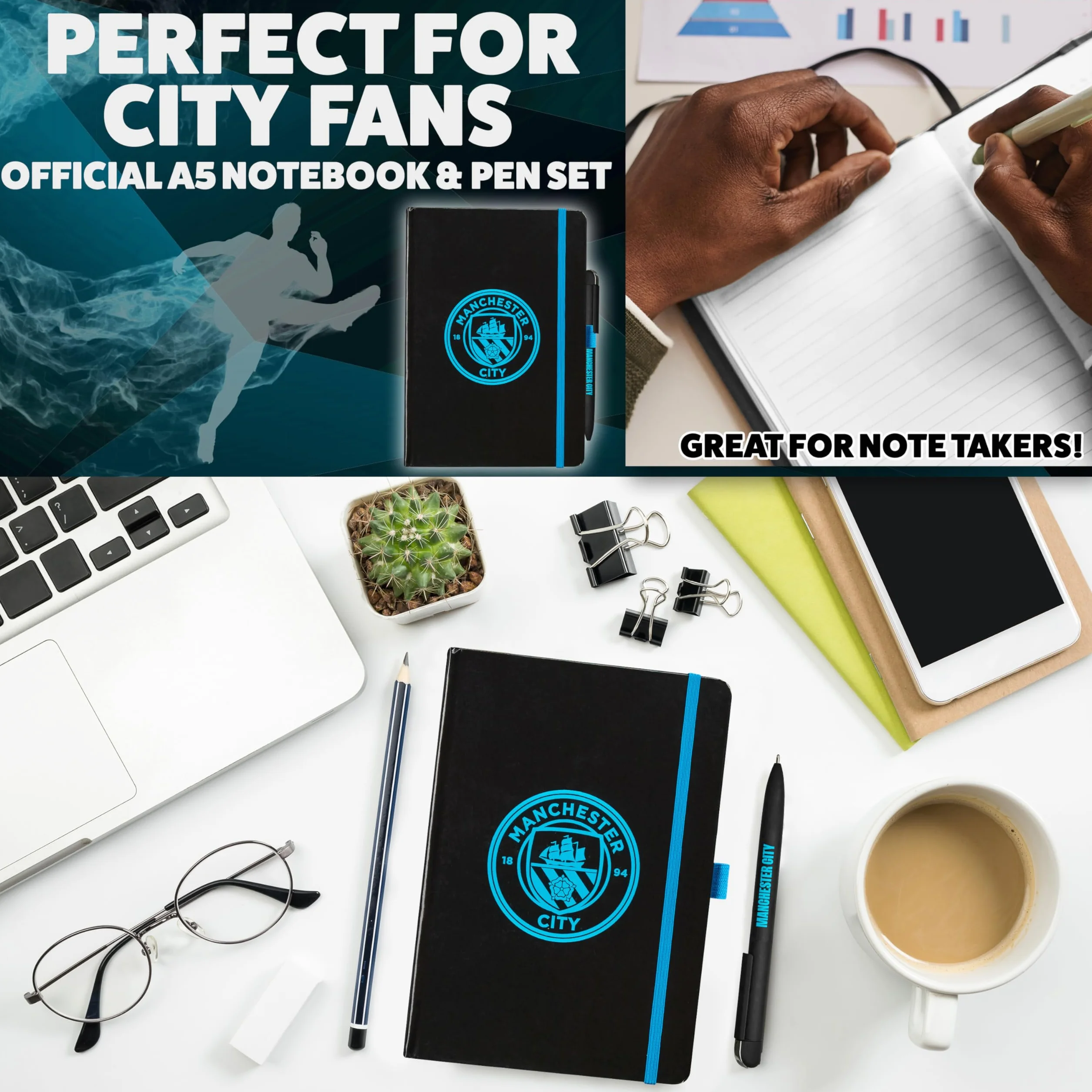 MANCHESTER CITY F.C. Set Papeterie Carnet de Notes A4 Stylo Noir Cadeau