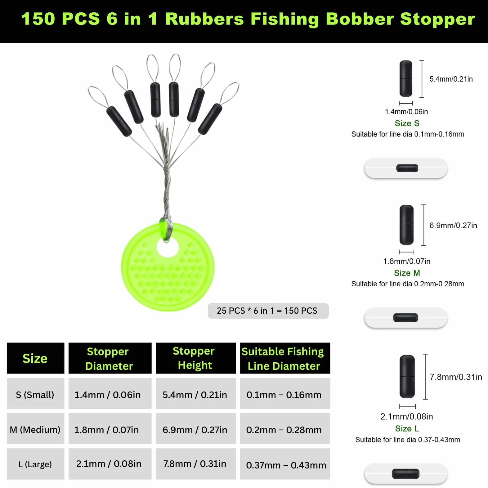 Stop Float Peche 150 Pièces 6 en 1 Bouchons Pêche Caoutchouc Perles Cylindriques