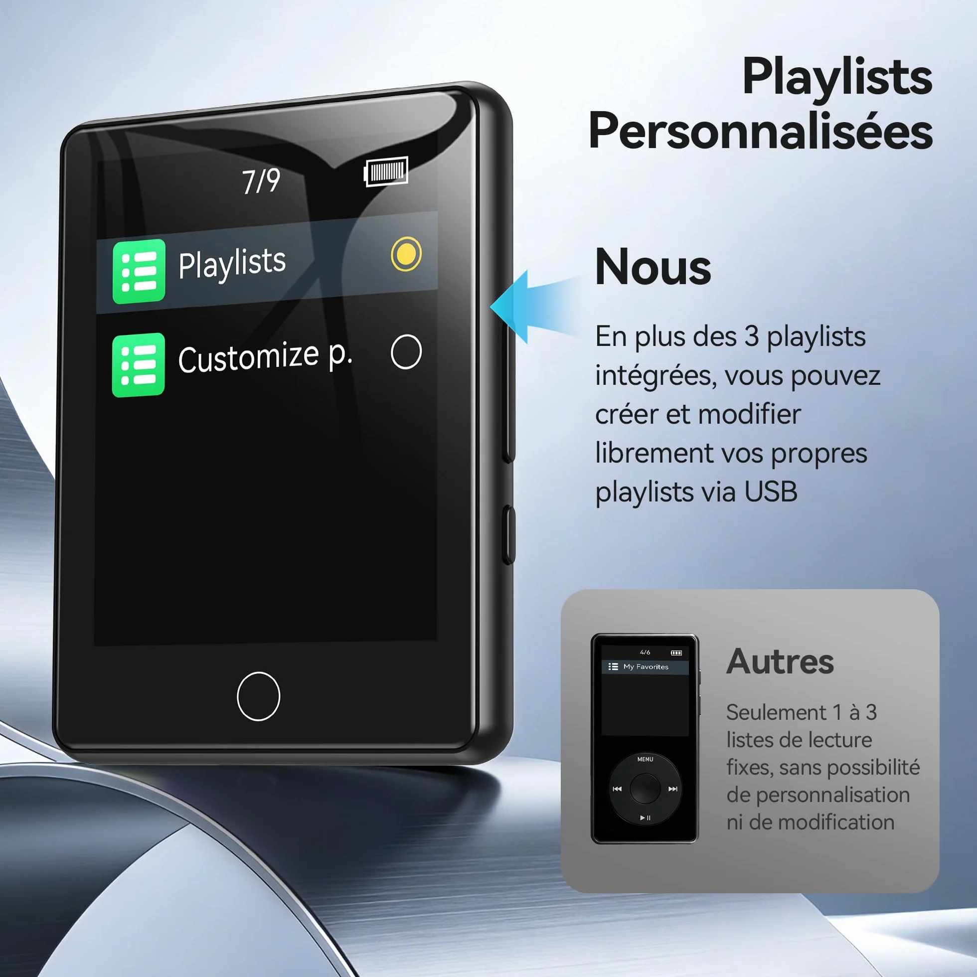 AGPTEK Lecteur MP3 Bluetooth 5.3 64Go, Baladeur Numérique 2.8" Écran Tactile HiFi Sport avec Haut-Parleur Radio FM Enregistreur