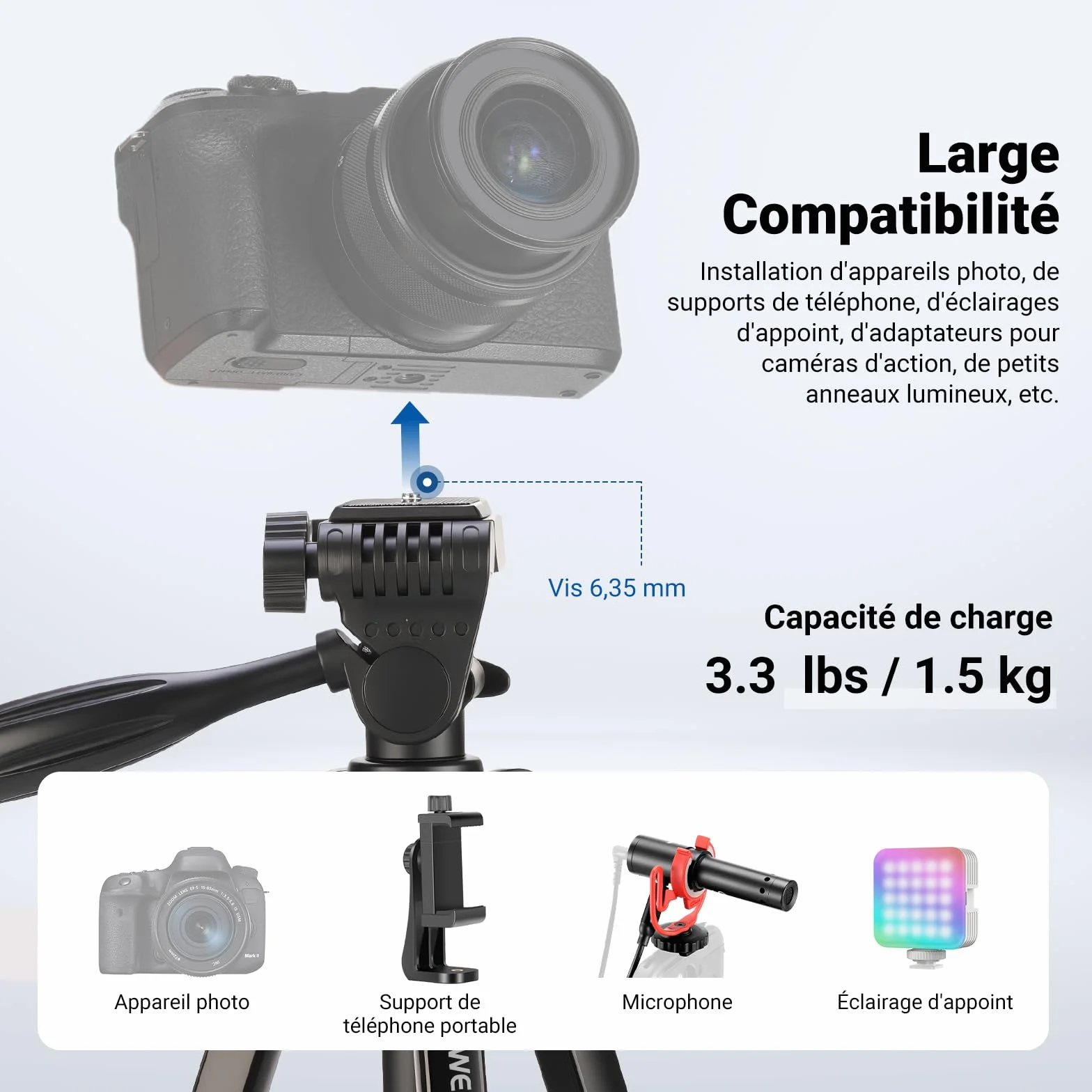 NEEWER Entry Level Version Trépied pour Téléphone Portable et Appareil Photo, Support de Voyage Léger en Métal avec Griffe Porte-Téléphone Portable Compatible avec iPhone, TP53