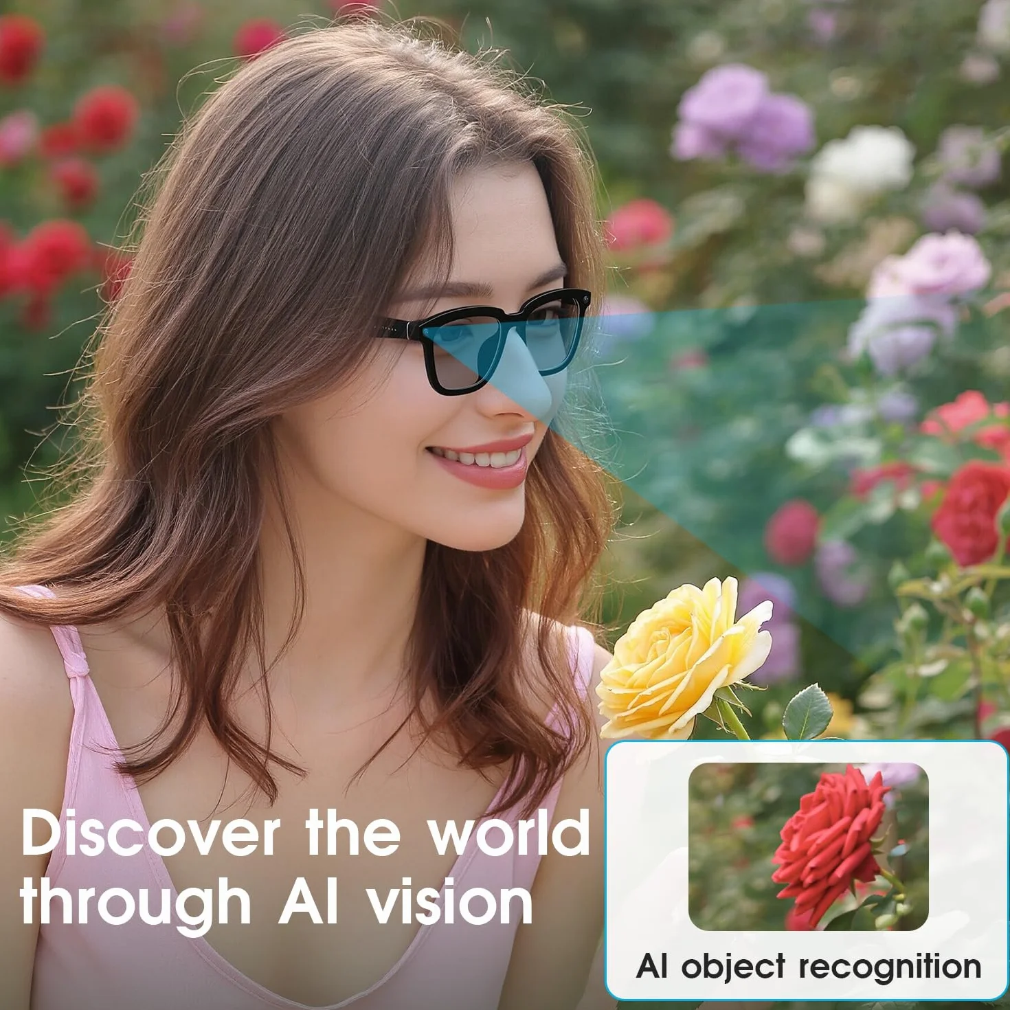 AI Smart Glasses Caméra HD 1200P avec 8 MP Anti-tremblement, lentilles photochromiques pour l'extérieur et Les Voyages, Enregistrement vidéo, Reconnaissance des Objets AI et intégration