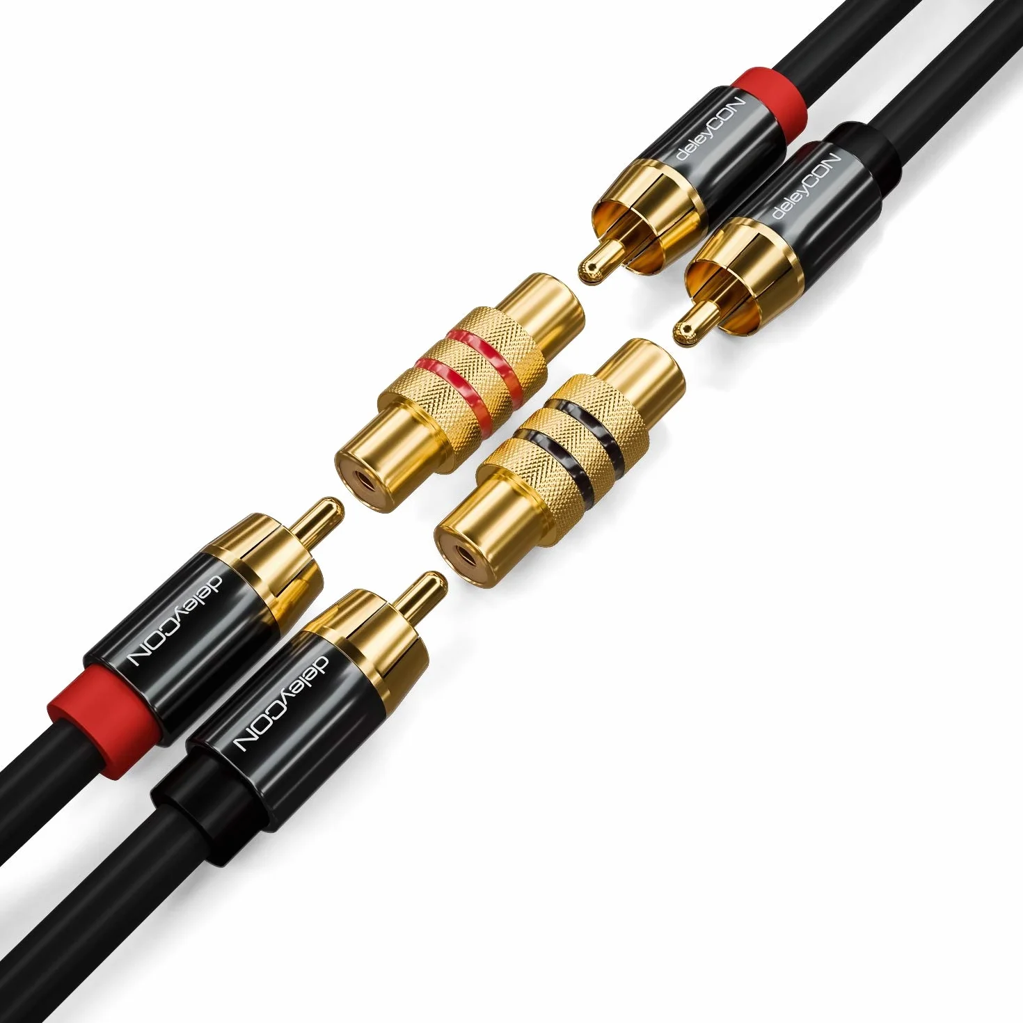 deleyCON Lot de 2 Adaptateurs RCA Cinch Femelle à Femelle Audio Vidéo Noir Rouge