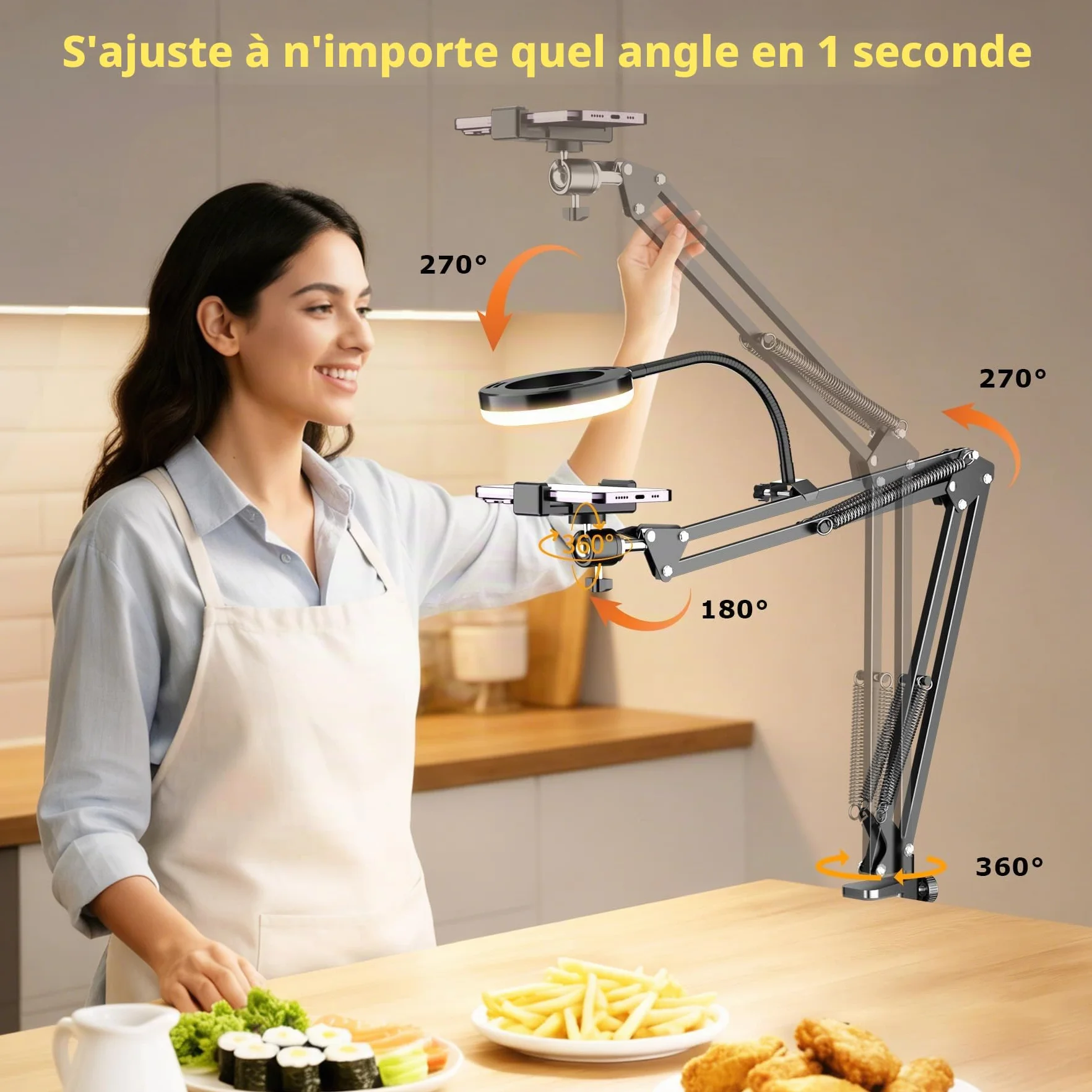 Support de caméra aérien avec Anneau Lumineux, Support de Bras de téléphone articulé Flexible Compatible avec iPhone, Webcam Logitech, trépied de Bureau pour Youtube Live Stream Video Recording