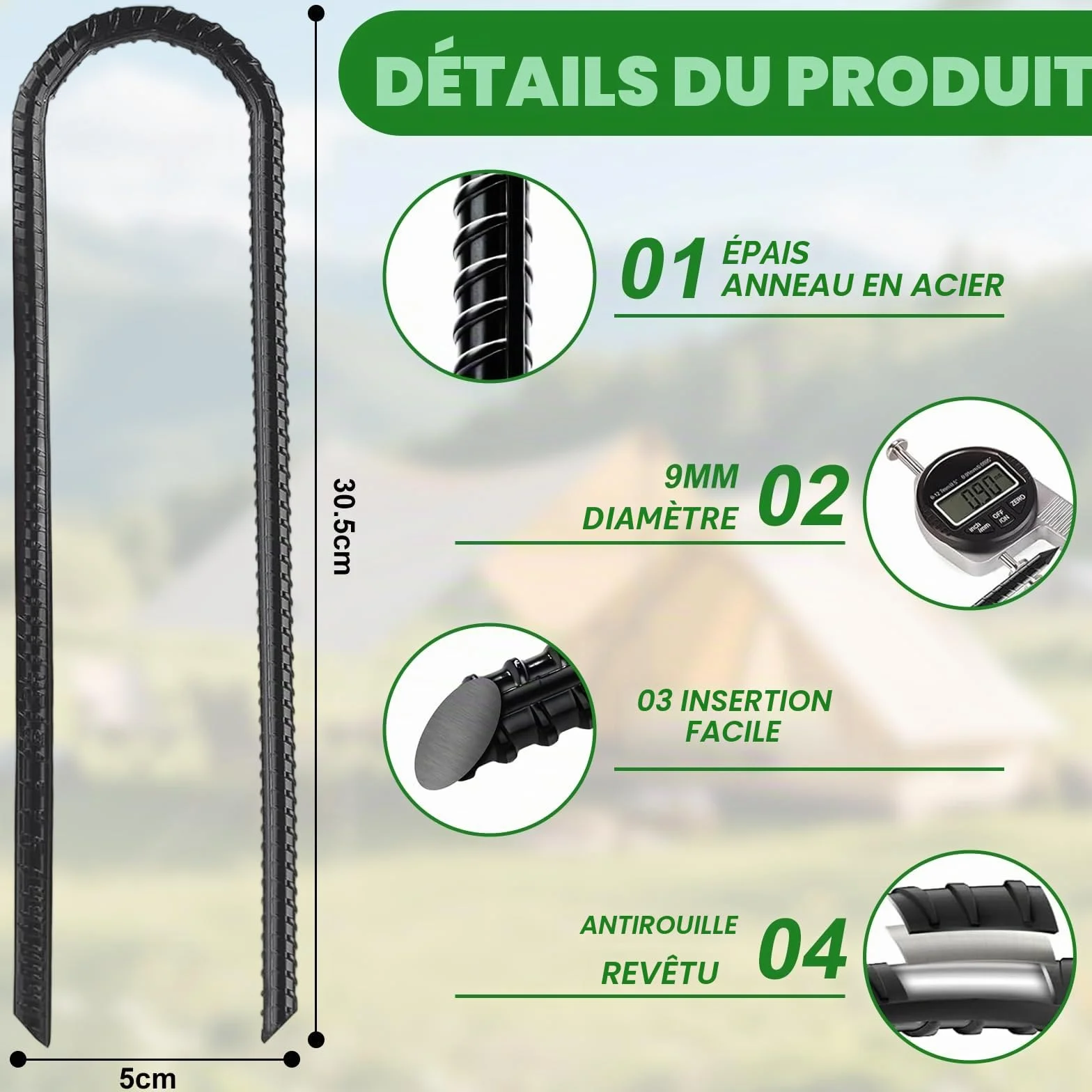 Piquets de Tente en Acier Galvanisé 30cm avec Crochets pour Camping, Trampoline, Balançoire