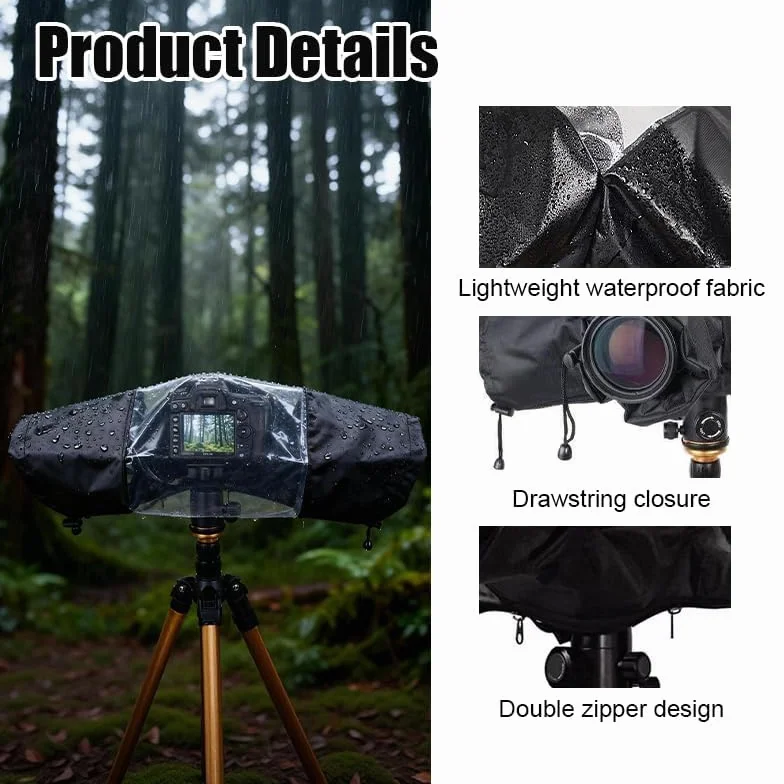 Housse de Pluie Imperméable en Nylon pour Appareils Photo Reflex DSLR, Protection Anti-Pluie Compatible avec Fujifilm, Nikon, Canon, Sony avec Fenêtre Transparent et Manches Réglables
