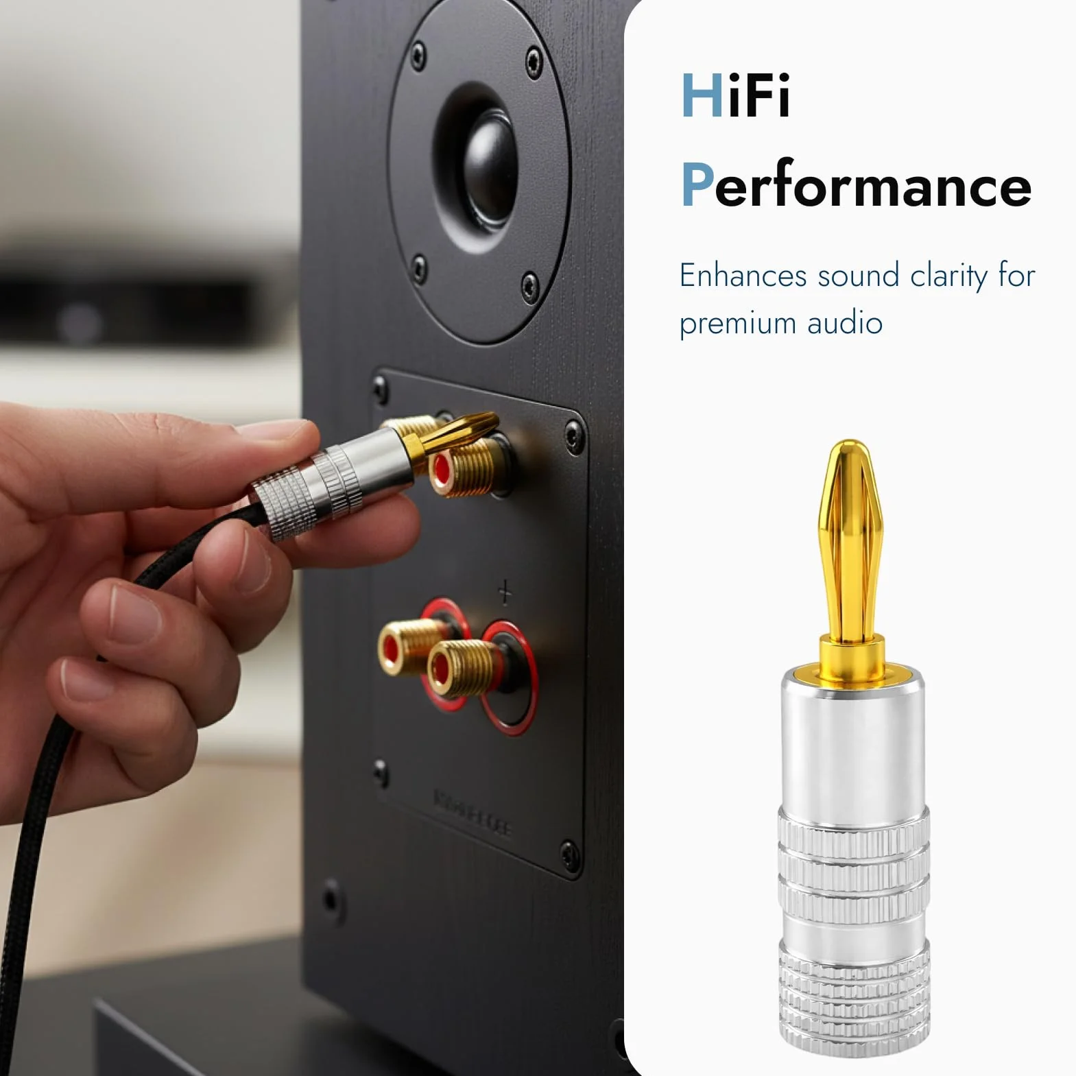8PCS Fiche Banane 4mm pour Câble Enceinte, Fiche Banane Enceinte Connecteurs pour Enceintes Plaqués Or sans Soudure, Fiches Banane HiFi pour Haut-Parleur et Amplificateur, Banane Connecteur Audio