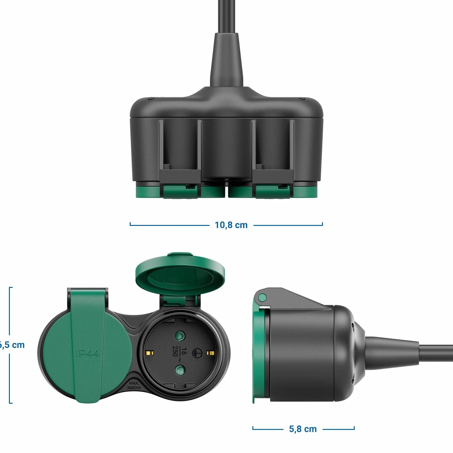 deleyCON 2m Câble Rallonge Extérieur Électrique IP44 (H07RN-F 3G1.5mm²) Câble D’Alimentation en Caoutchouc Résistant aux Intempéries - Fiche avec Contact de Protection vers 2 Prises - Noir