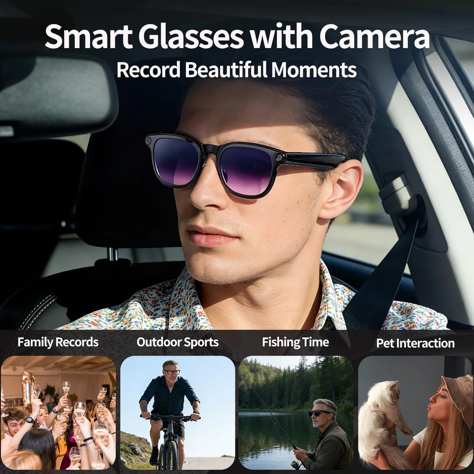 Lunettes intelligentes AI avec caméra 4K, lunettes Bluetooth anti-secousses de 8 MPW, enregistrement vidéo 1080p, réduction du bruit, traduction en temps réel et interprétation simultanée