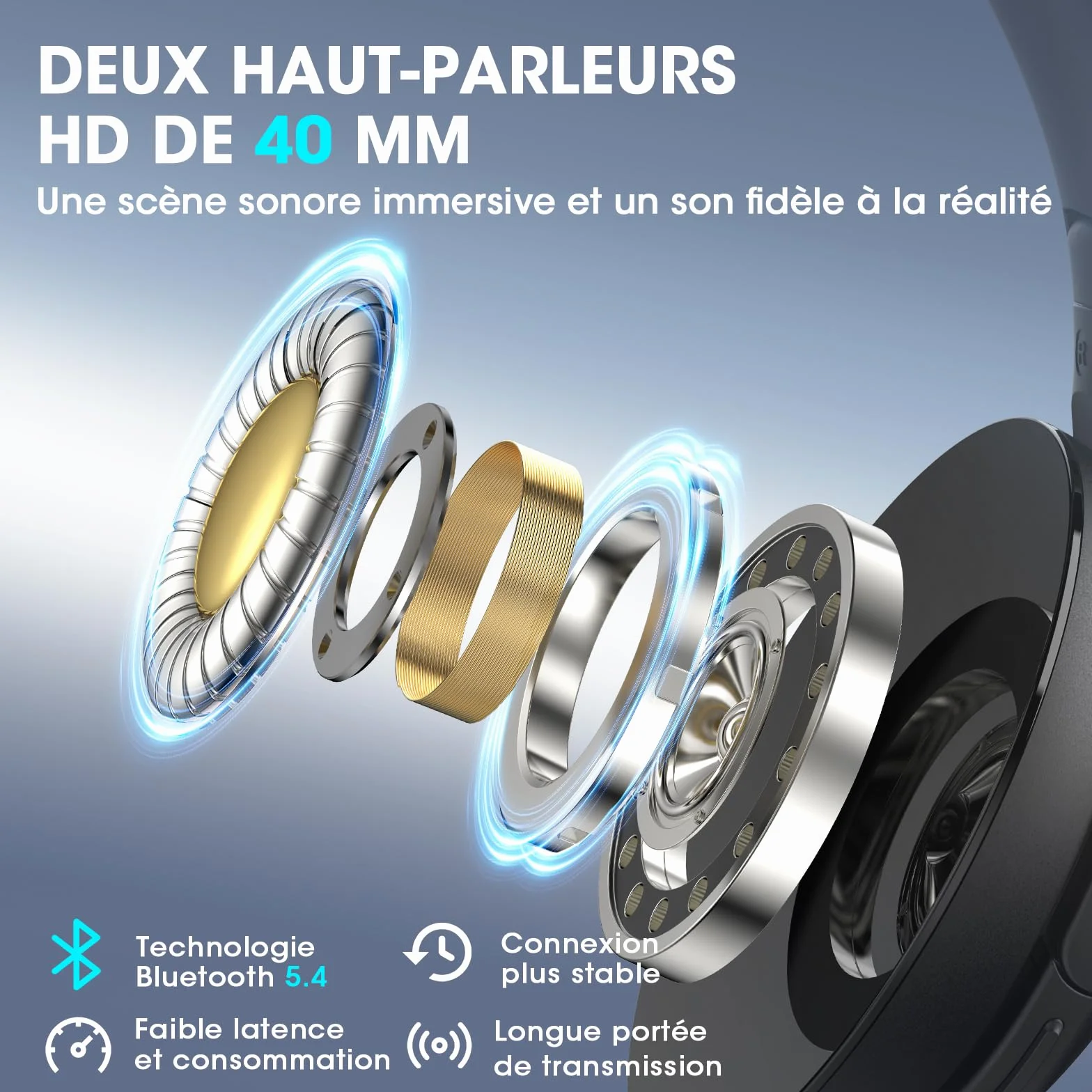 DOQAUS Casque Bluetooth sans Fil 90H Durée Lecture avec 3 Modes EQ Bluetooth 5.3, Casque Bluetooth,Cache-Oreilles protéines Souples,Casque sans Fil stéréo HiFi Microphone pour Voyage/Travail/Vie
