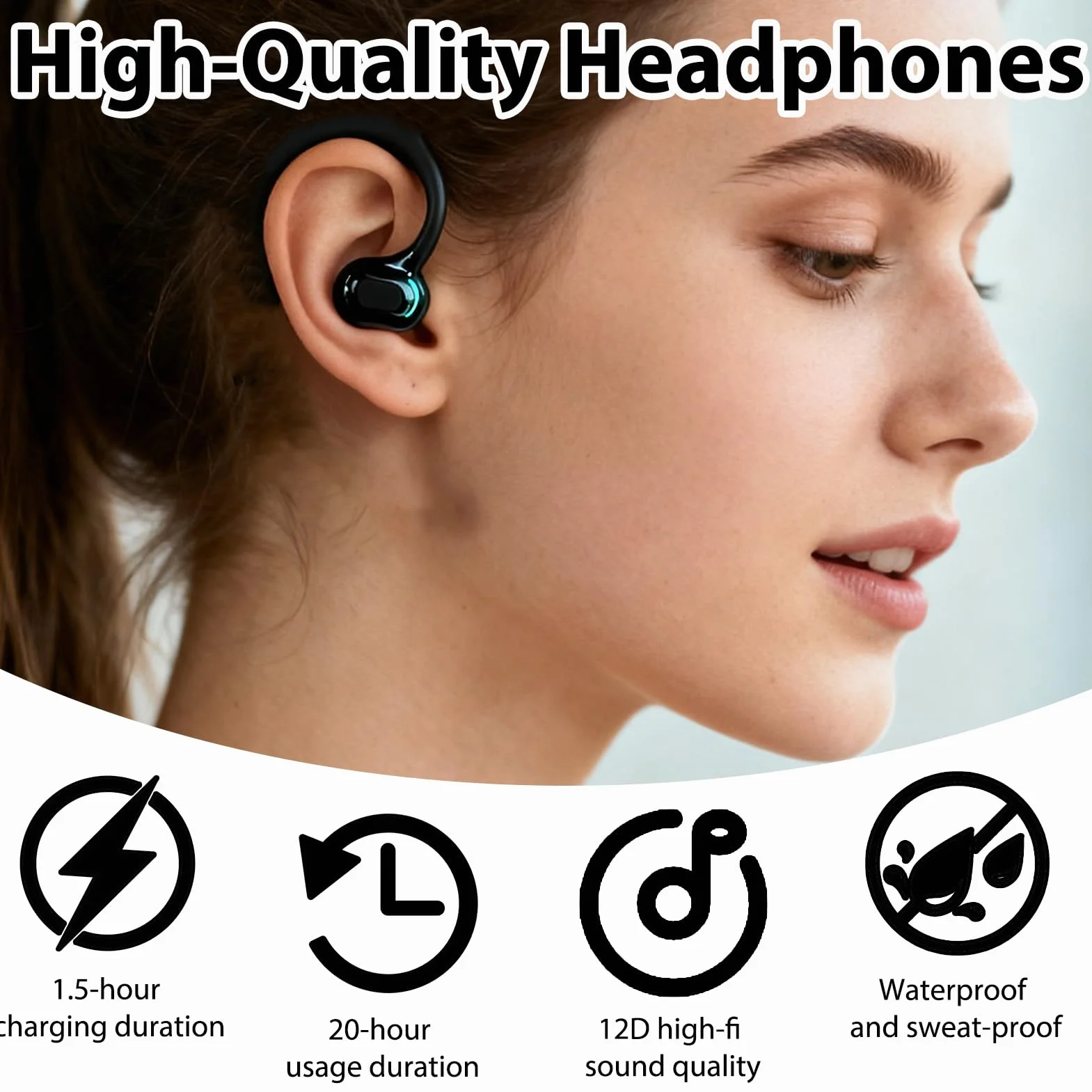 Oreillette Bluetooth sans Fil V5.2, Écouteur Mono Tour d'oreille 360° avec Micro Intégré, Main Libre Bluetooth 20h de Lecture pour iPhone Android PC Bureau Conduite Affaires Sport