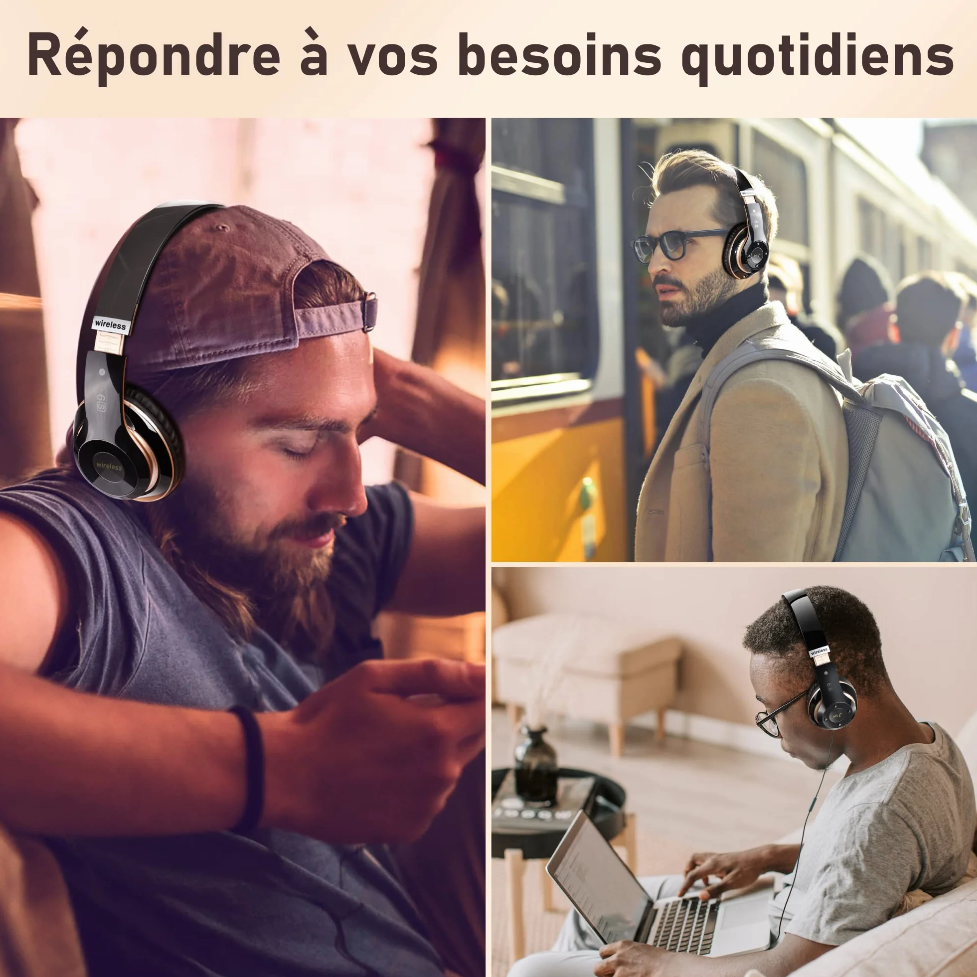 Casque Bluetooth sans Fil, Casque Bluetooth Supra-auriculaire avec 6 Modes d'égalisation, Casque sans Fil 65 Heures avec Microphone HD Intégré, FM, SD/TF pour l'extérieur, Le Transport