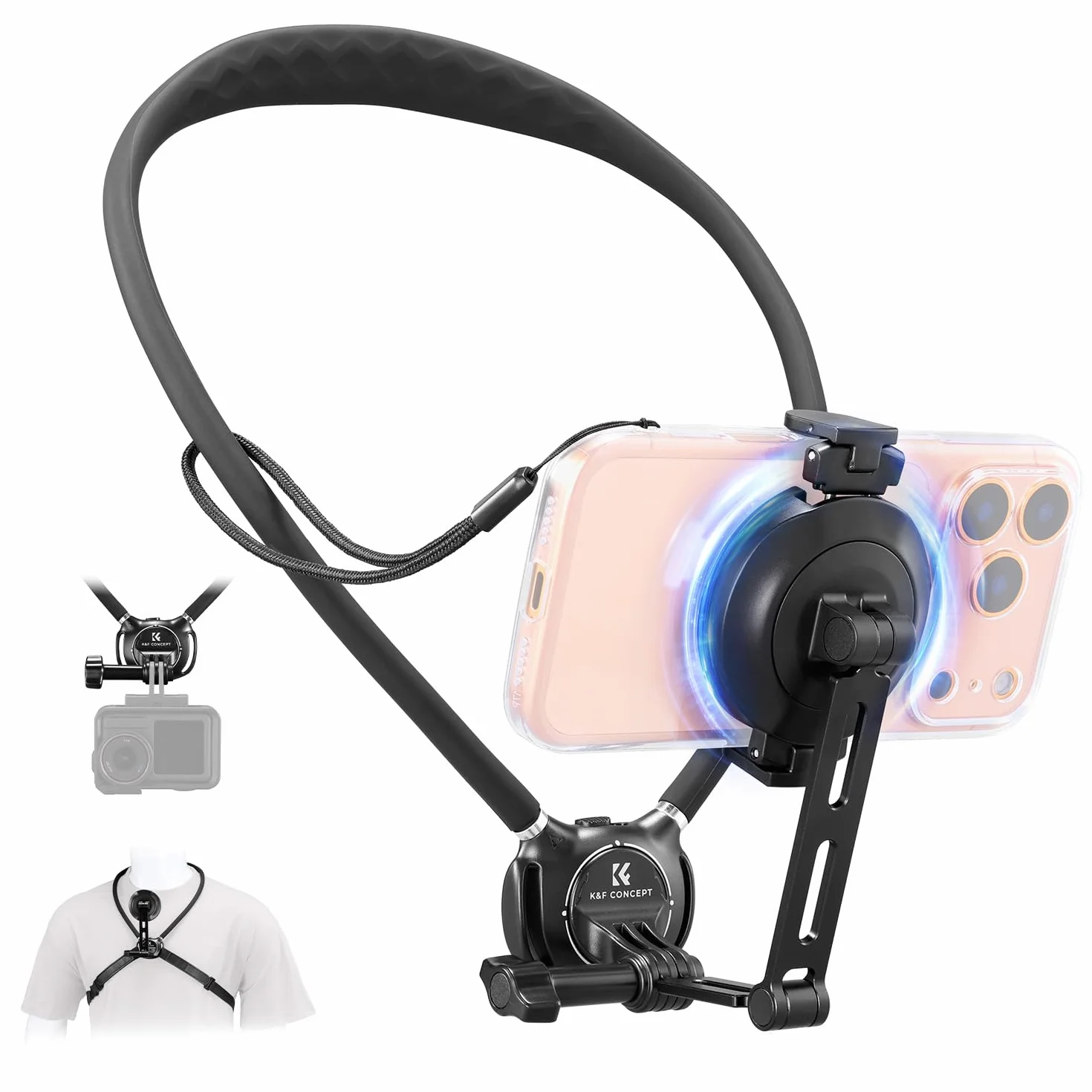 K&F CONCEPT 2 en 1 Support pour Cou Téléphone Portable Magnétique+Clip, POV/Vlog Porte Telephone Cou Compatible avec Les Téléphones Portables Magnétique iPhone 17 16 15 14 13 12 Series Android
