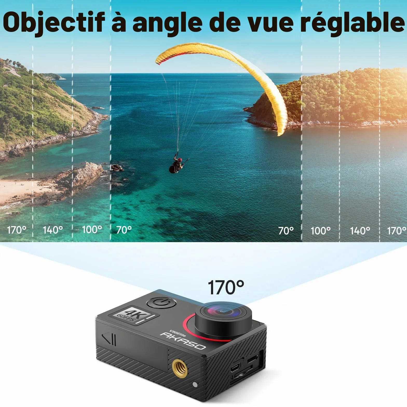 AKASO V50 Elite Caméra Sport 4K 60fps 20MP WiFi Etanche EIS 8X Zoom 2 Batteries