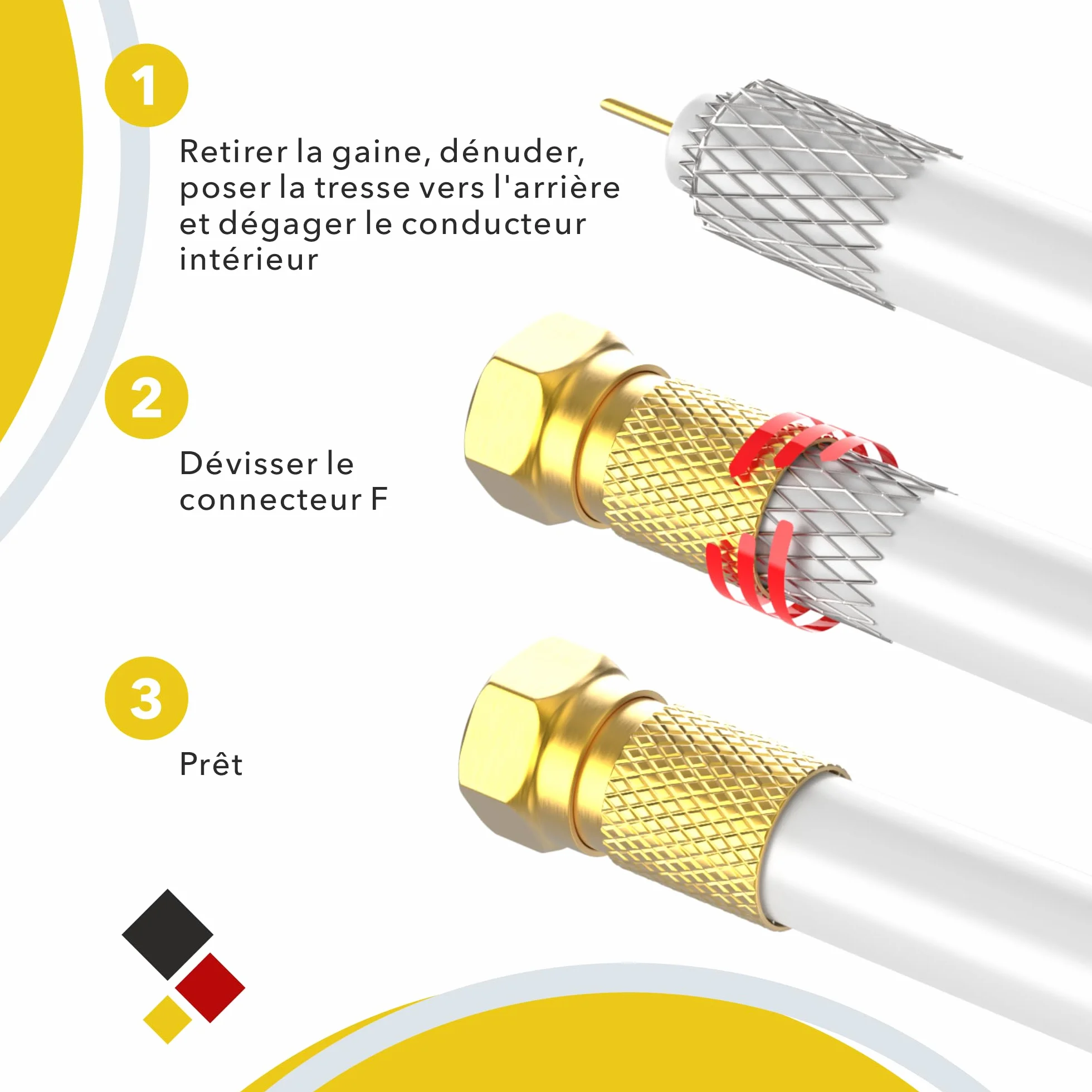 Connecteur F 7mm Fiche F 10 pièces dorées Joint caoutchouc Ecrou large Câble coaxial SAT LNB satellite à visser