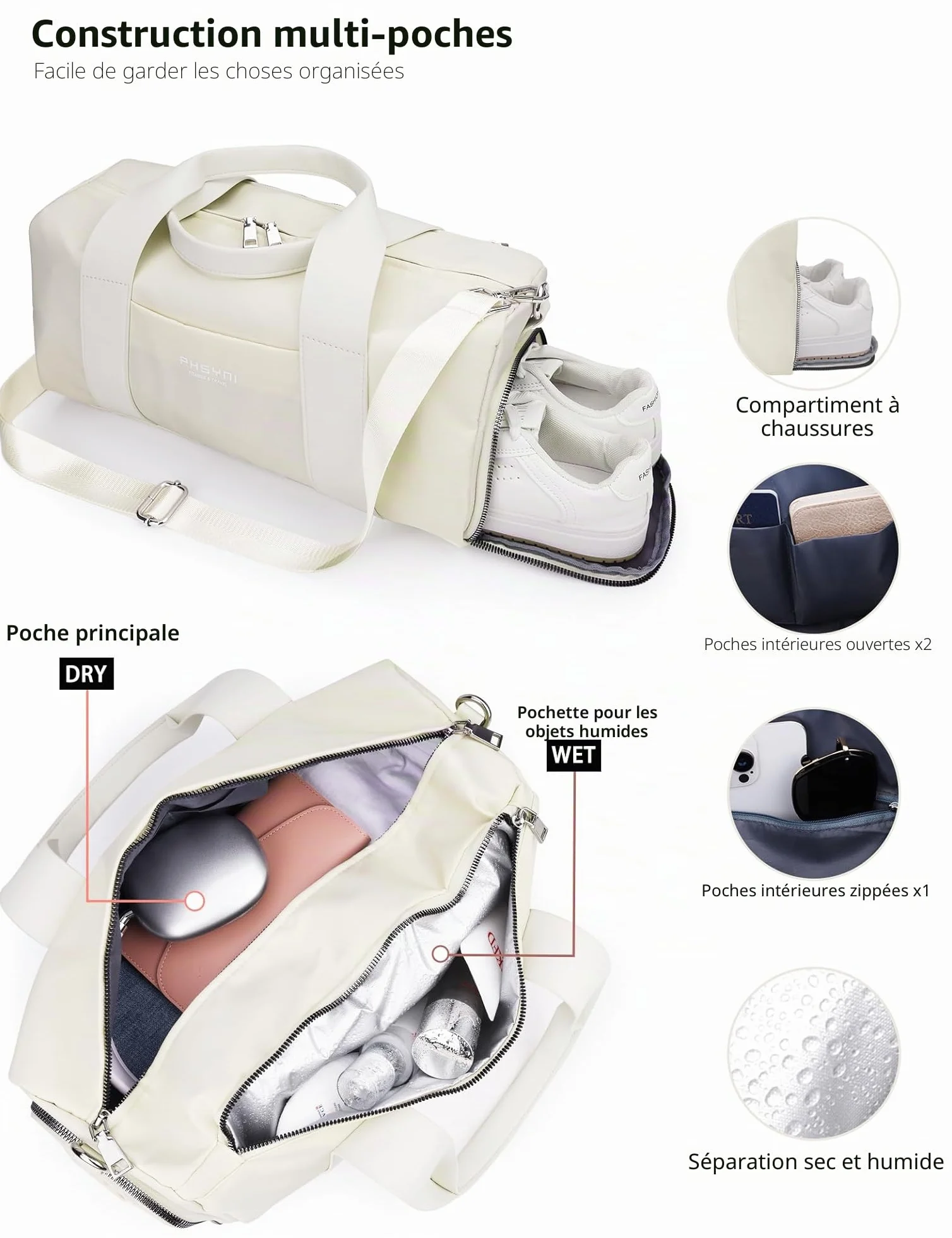 Sac de Sport et Voyage 16 Pouces avec Compartiment Chaussures Poche Imperméable Femmes Enfants Beige 40x19x20 cm 15L