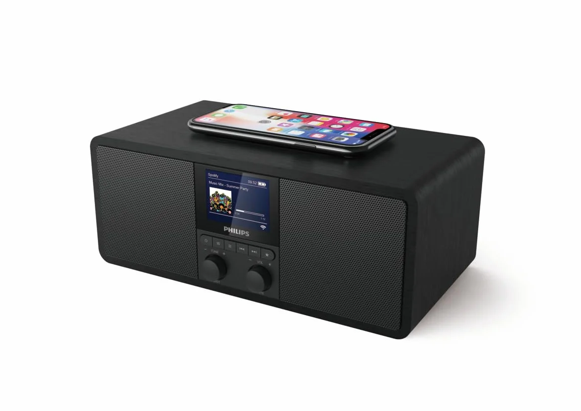 Philips R8805/10 Radio Internet, Radio Bluetooth avec Spotify Connect (Bloc de Chargement Qi pour téléphones Mobiles, USB, Mise en Veille programmable, Alarme duale) Noir