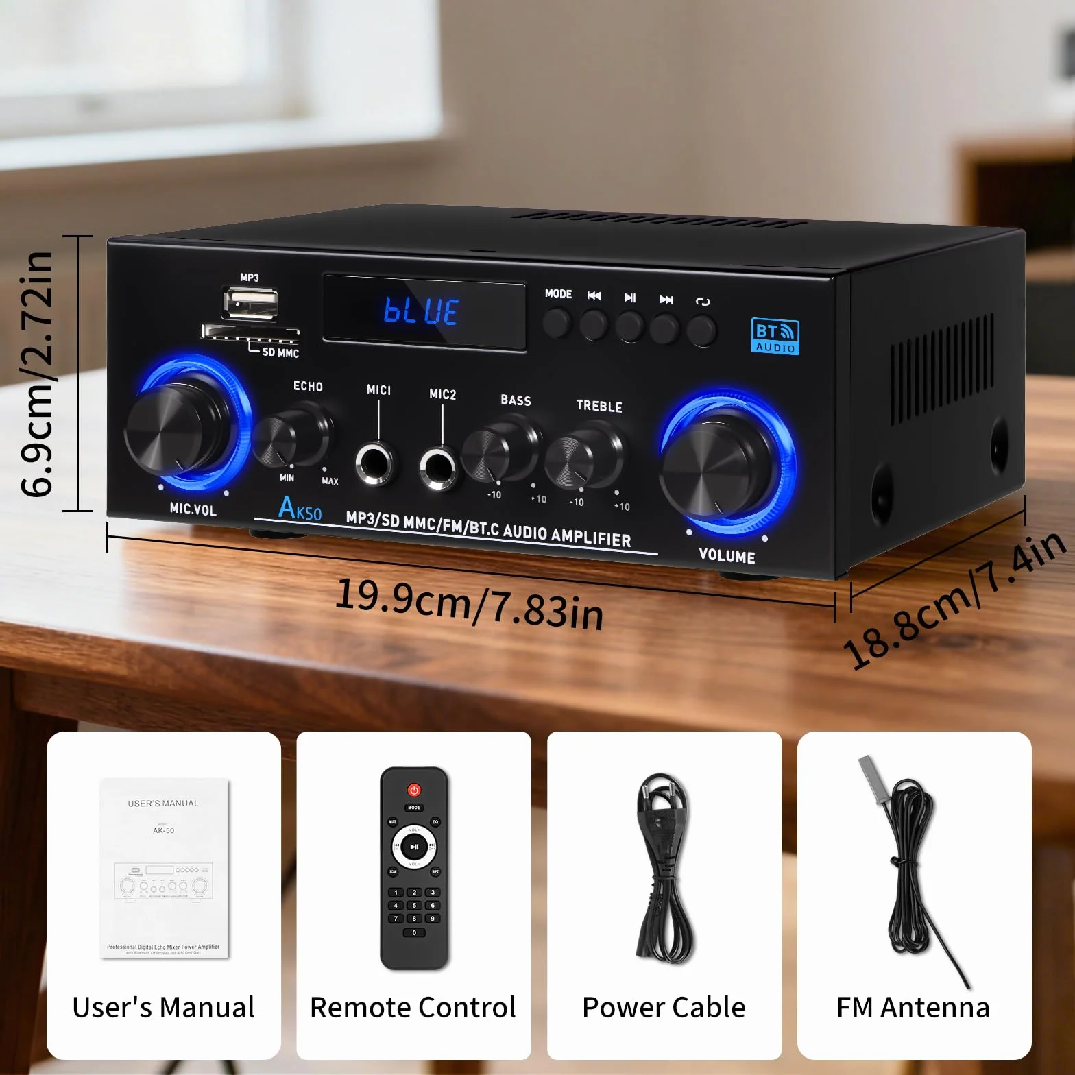 Amplis Amplificateur Stéréo Bluetooth 5.3 1000W Puissance Maximale avec Radio FM et Micro, Système Audio Hi-Fi 2.0 Canaux 50W+50W RMS, Contrôle Basse/Aigus pour Maison, Voiture, Karaoké, TV