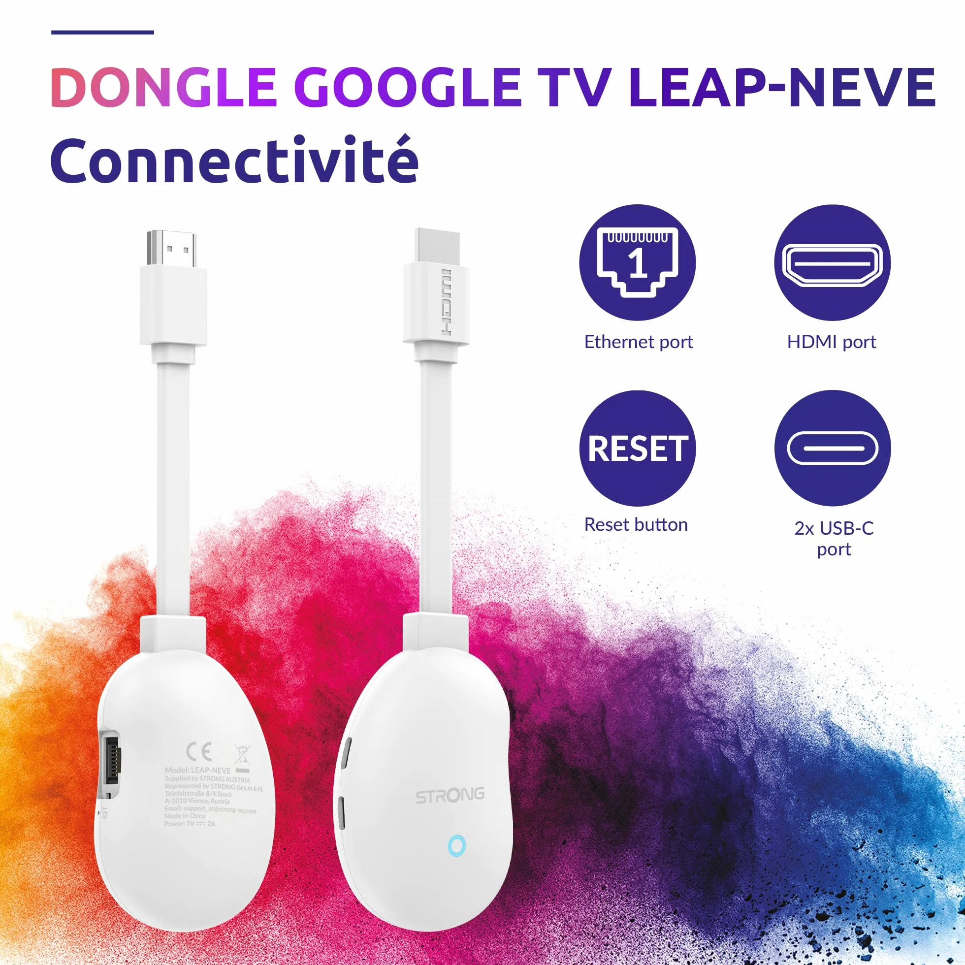 STRONG Leap-Neve 4K UHD Streaming Stick, Dolby Vision et Audio, HDR10+, 2 Go De RAM + 8 Go De Stockage Flash, WiFi 6, Android 12, Port Ethernet, HDMI 2.1 - Blanc