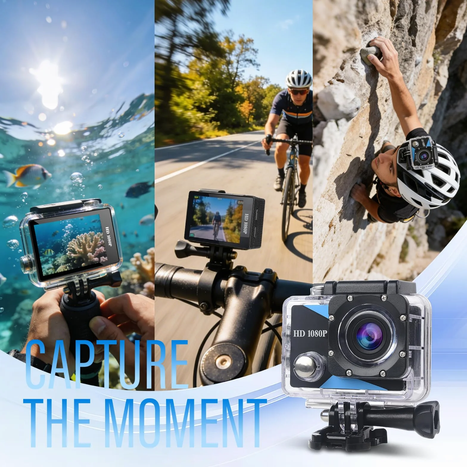 Caméra Sport 1080P 12MP 2" Écran LCD Étanche 30M avec Batteries et Accessoires Vélo